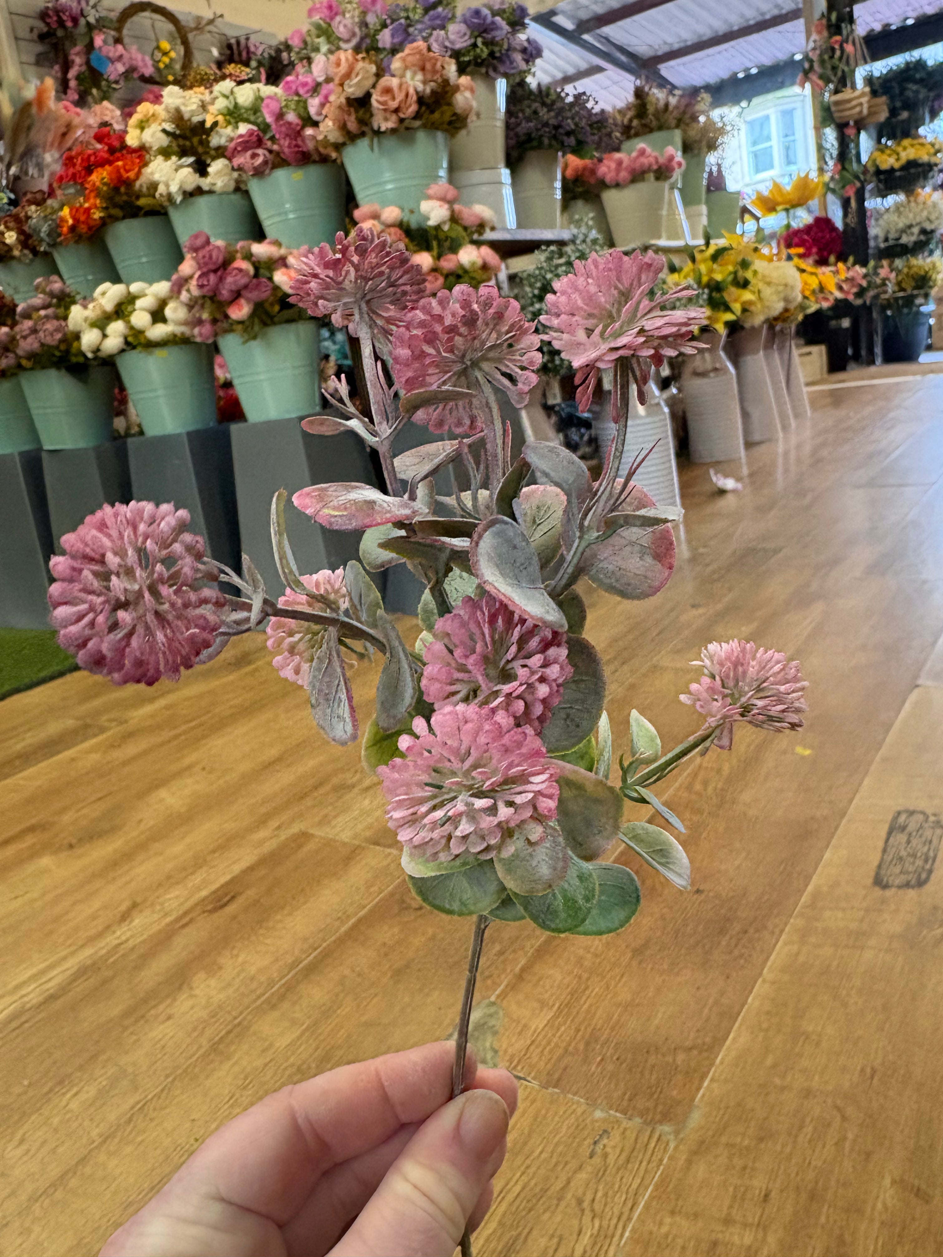 Pink globe foliage pick