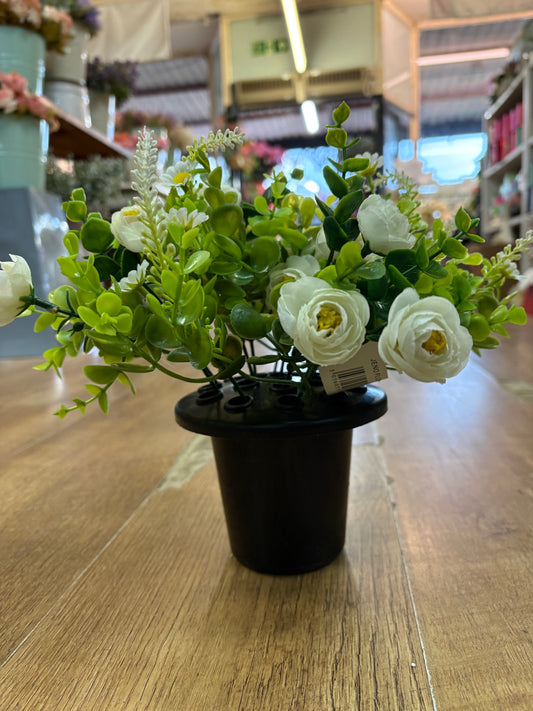 Ivory mini ranunculus and eucalyptus gravepot