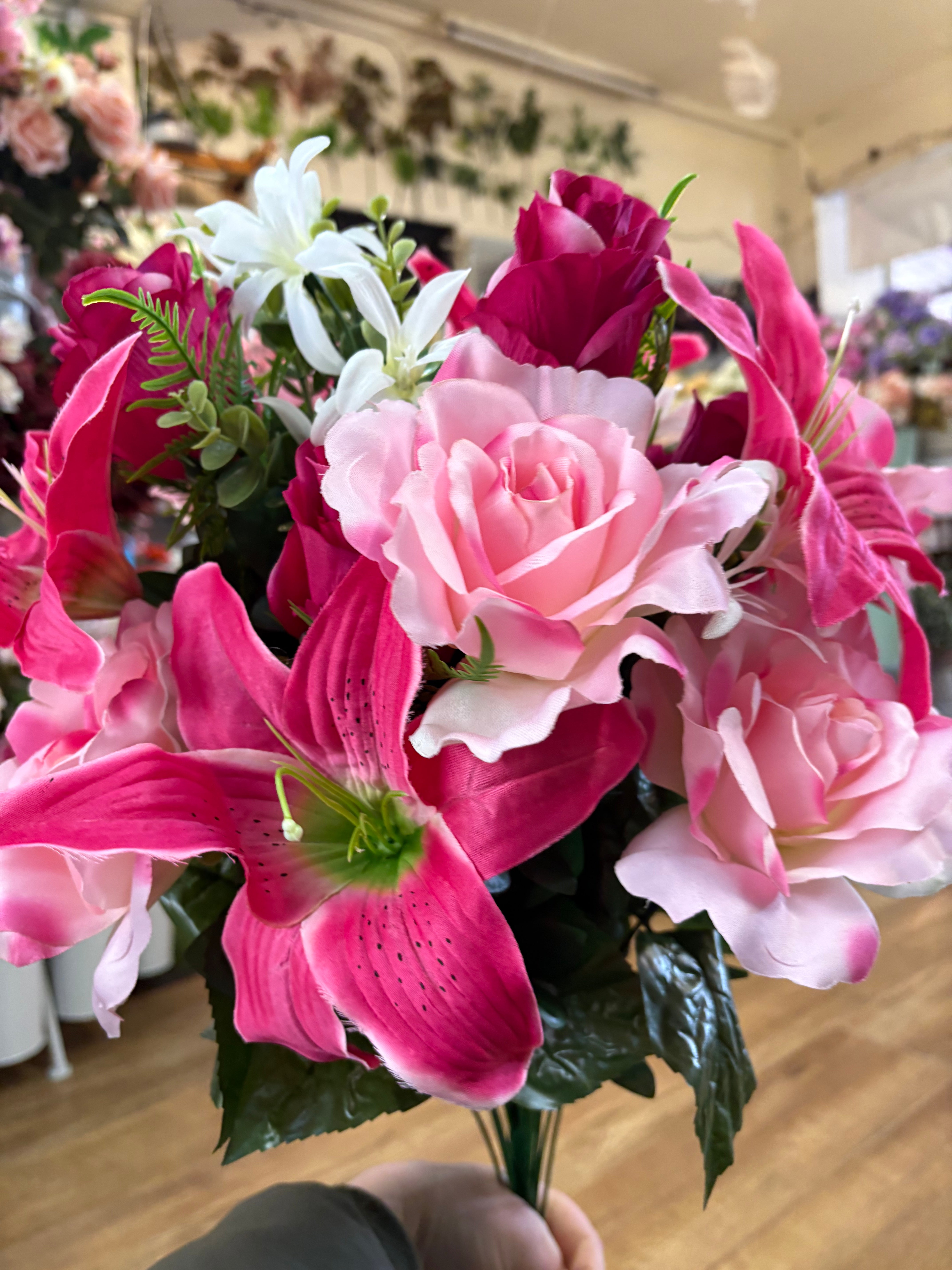Giant mixed pink rose, rosebud and lily bouquet