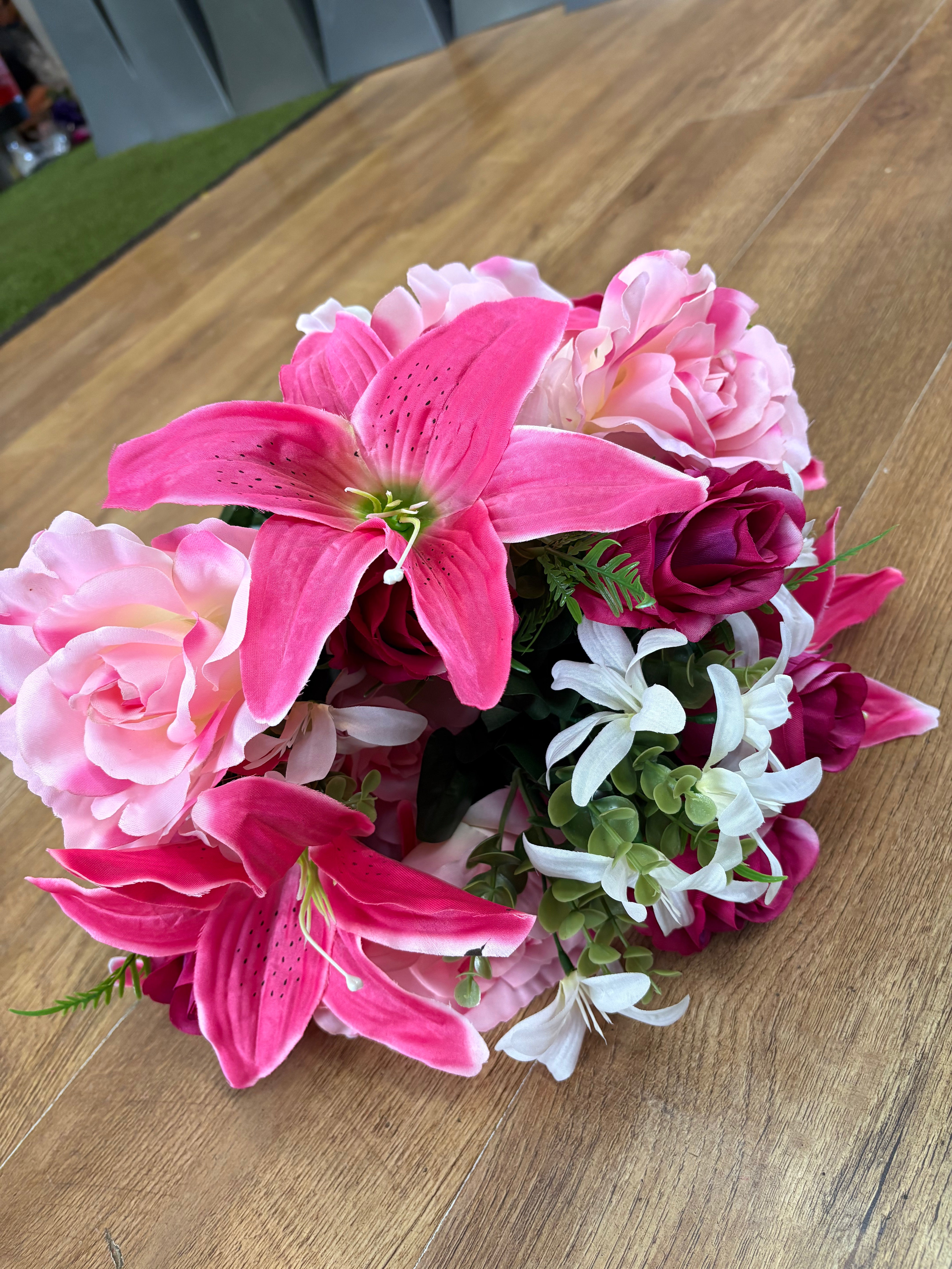 Giant mixed pink rose, rosebud and lily bouquet