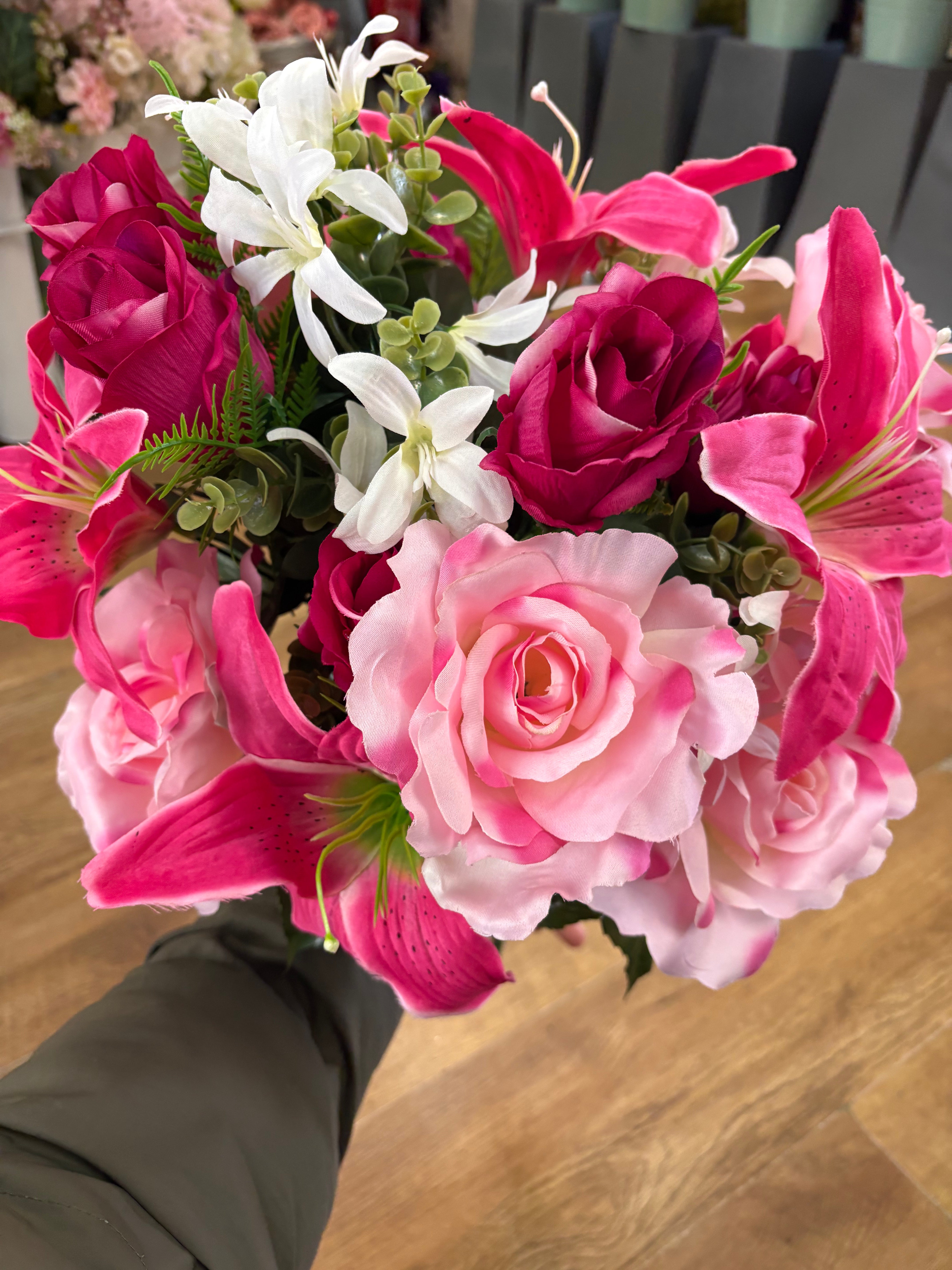 Giant mixed pink rose, rosebud and lily bouquet