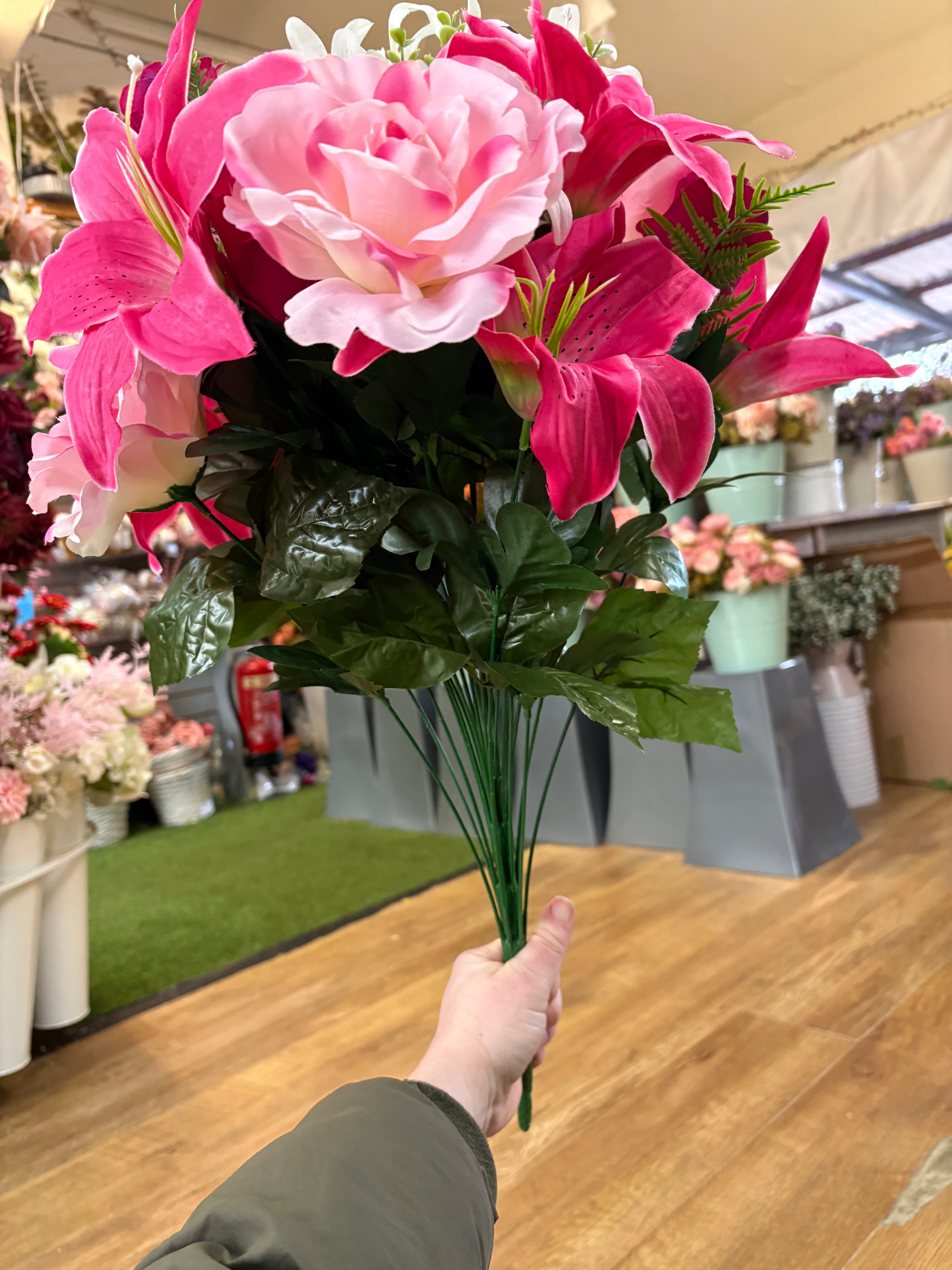 Giant mixed pink rose, rosebud and lily bouquet