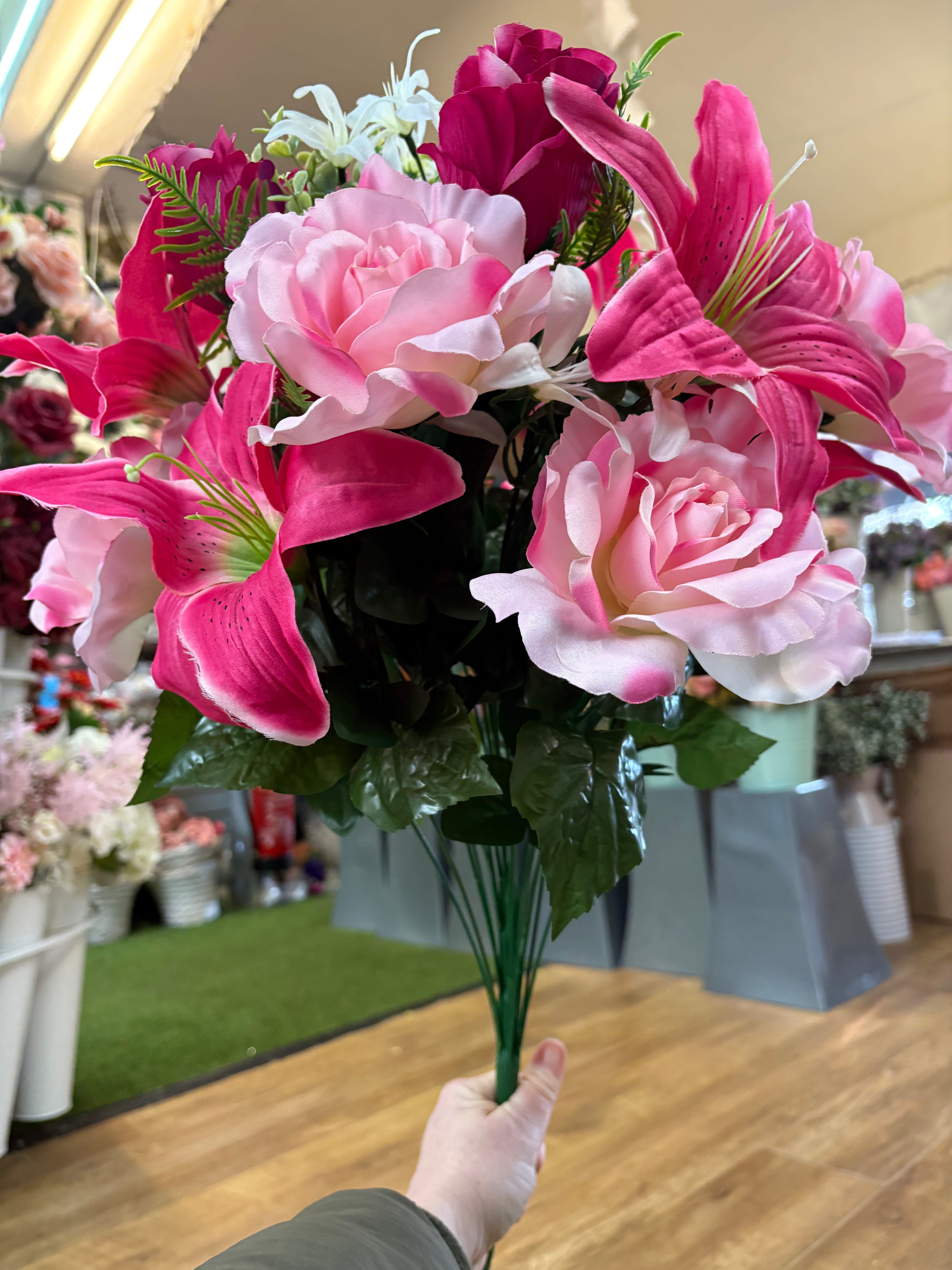 Giant mixed pink rose, rosebud and lily bouquet