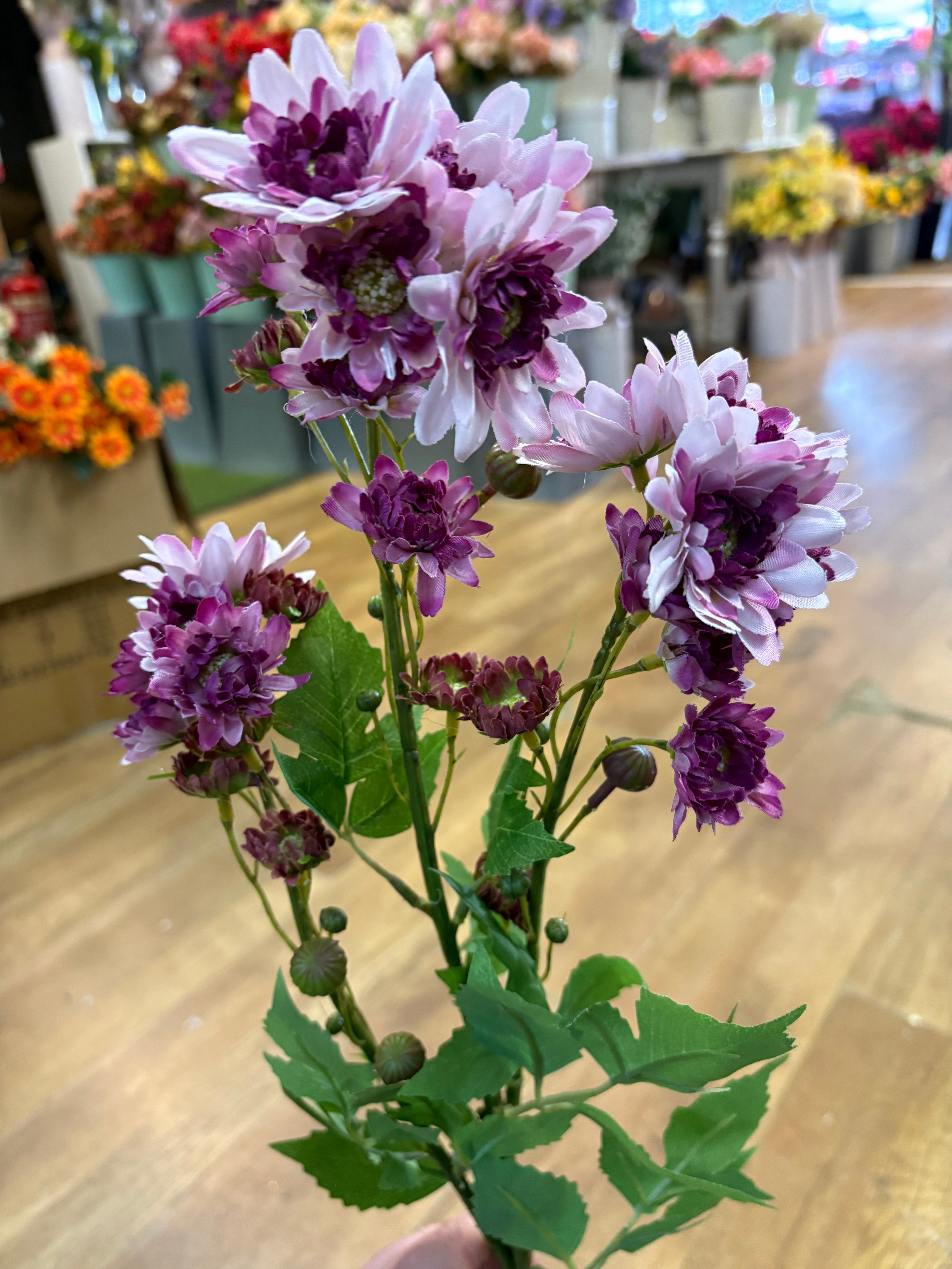 Long stem realistic mixed lilac and magenta traditional chrysanthemum spray