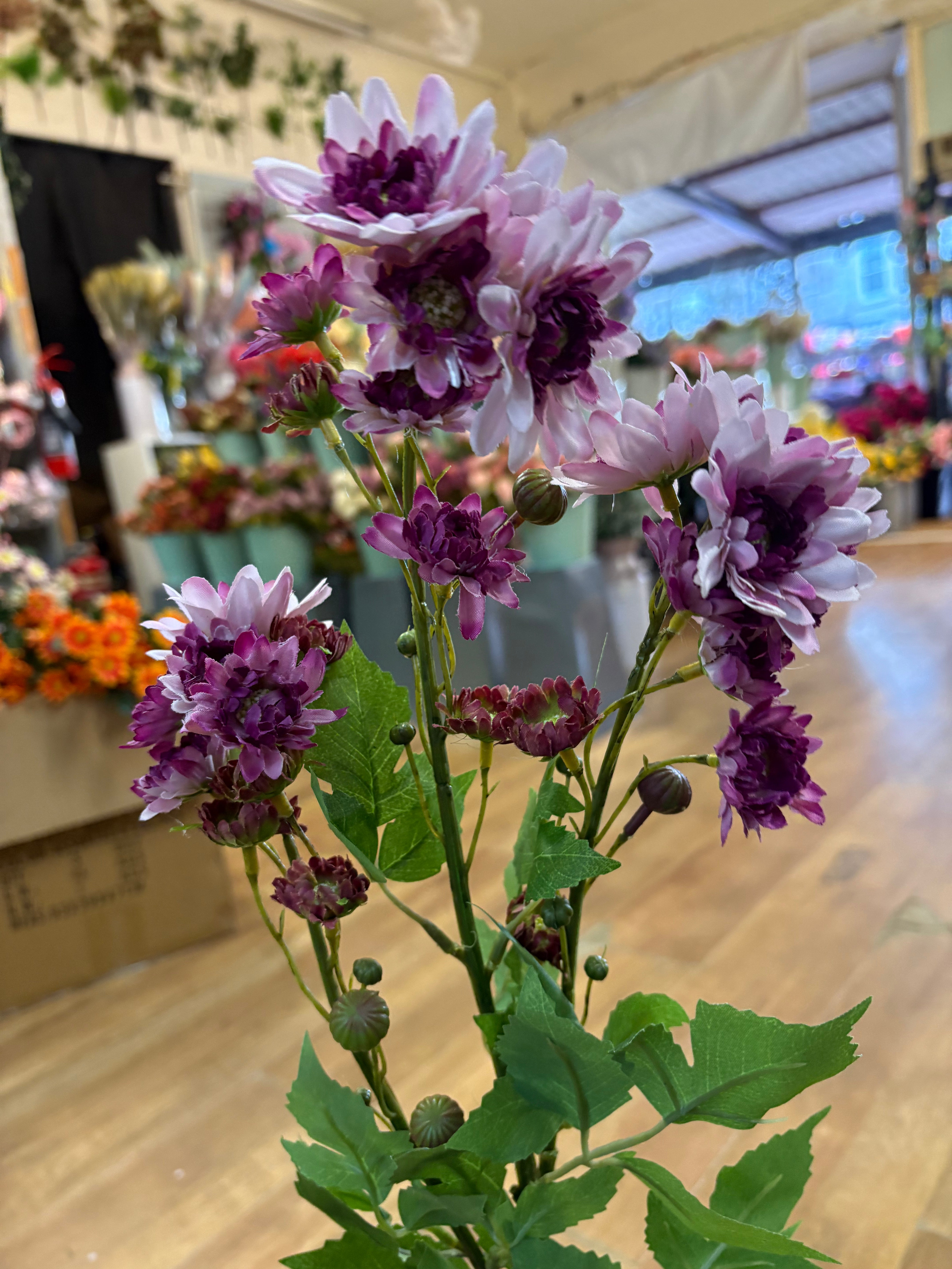 Long stem realistic mixed lilac and magenta traditional chrysanthemum spray