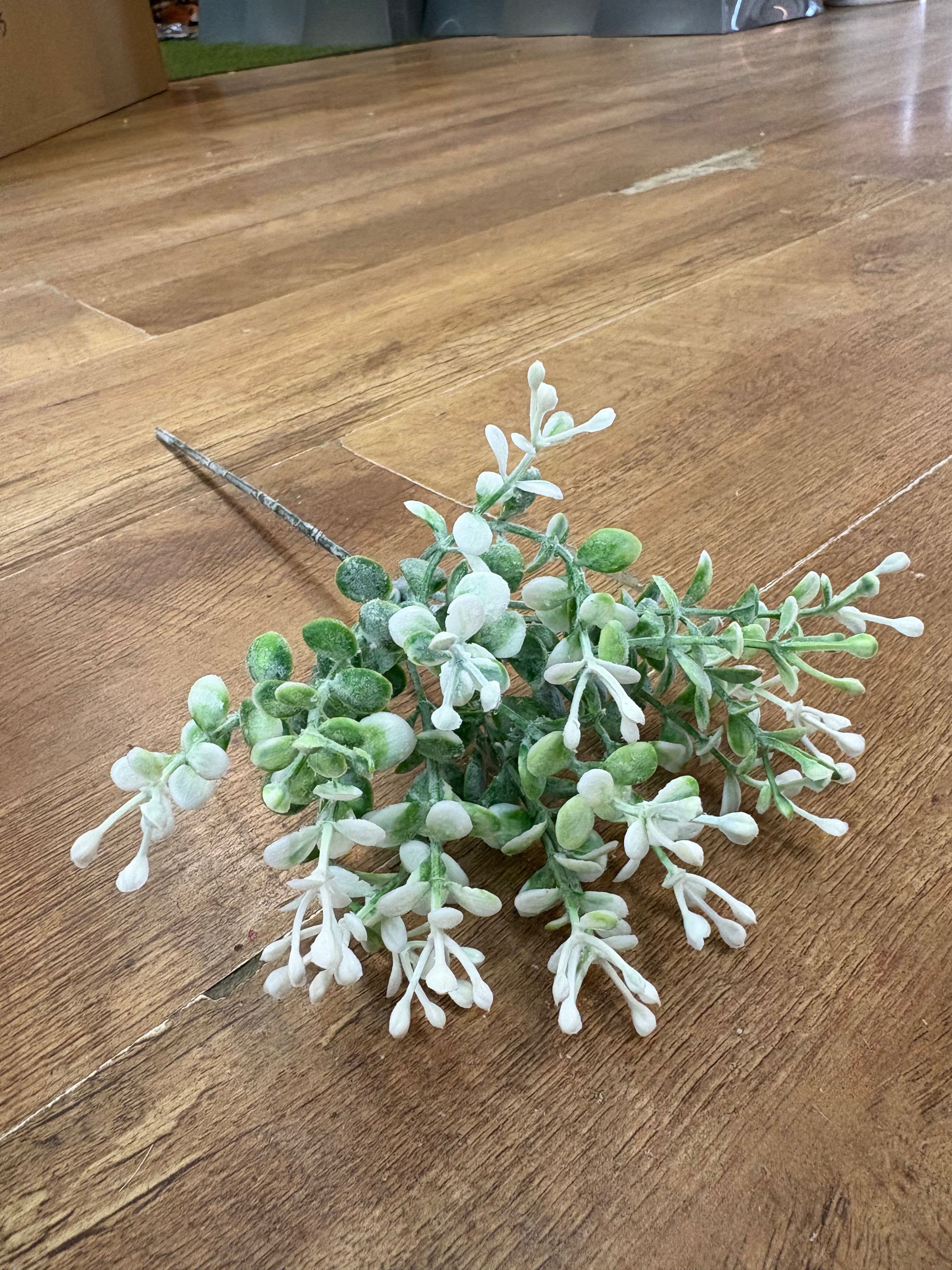 Flocked white dotty sprig pick