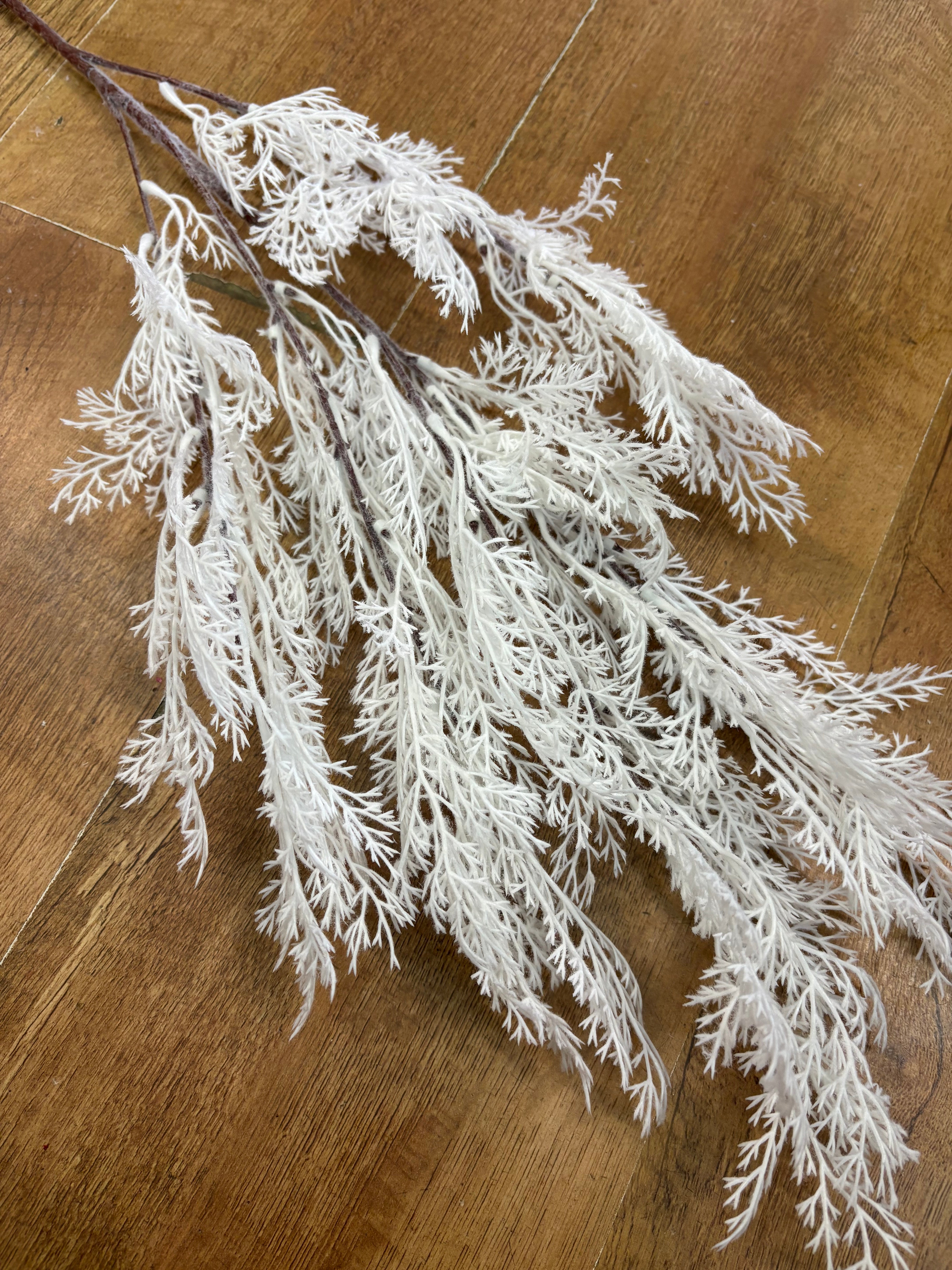 Long stem white whimsical conifer spray