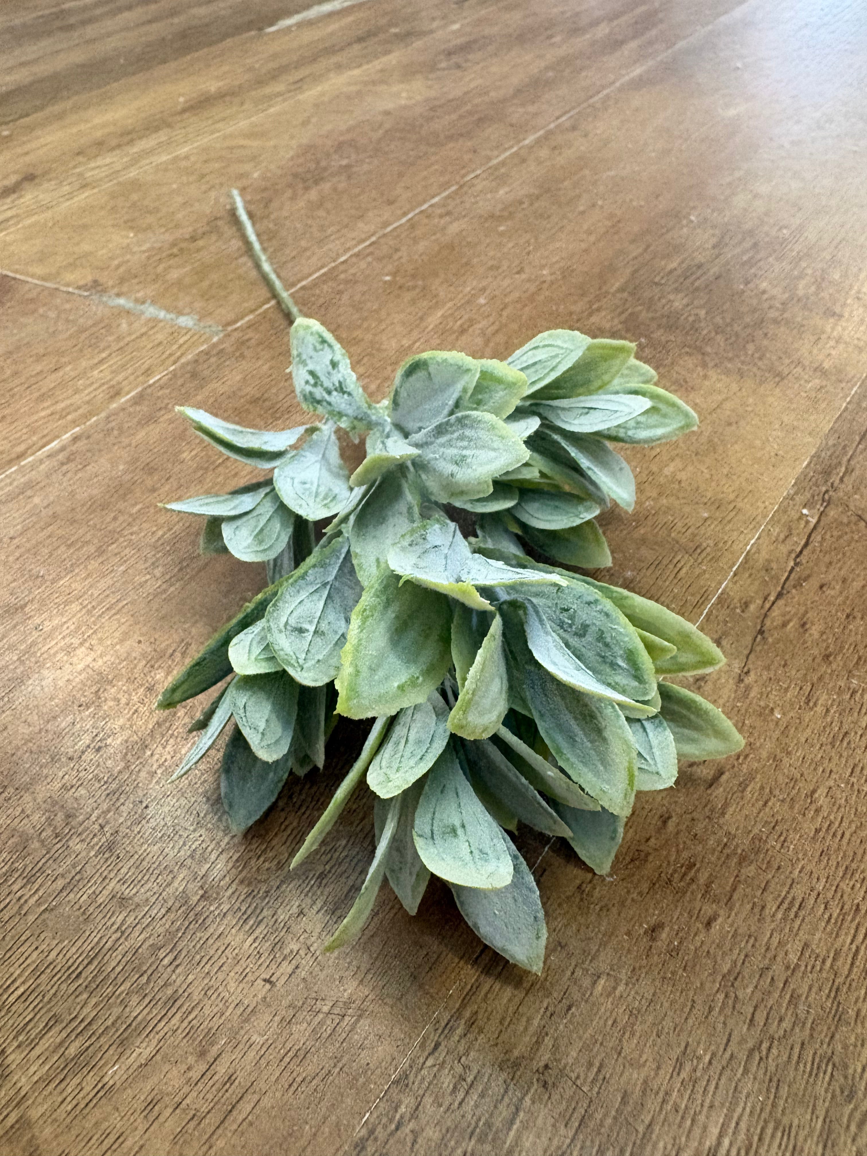 Natural green flocked leaf sprig pick (Ruscus)
