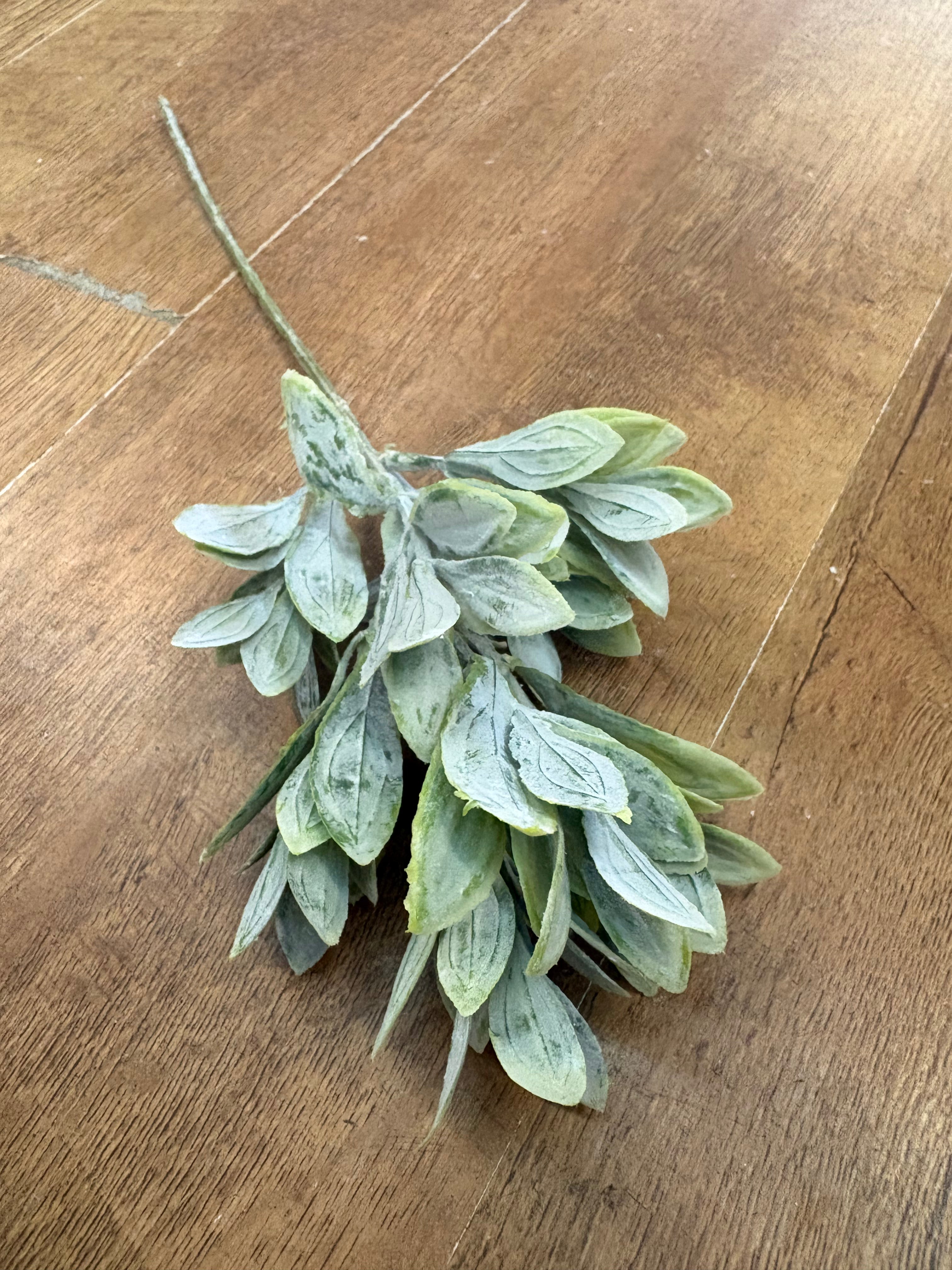 Natural green flocked leaf sprig pick (Ruscus)