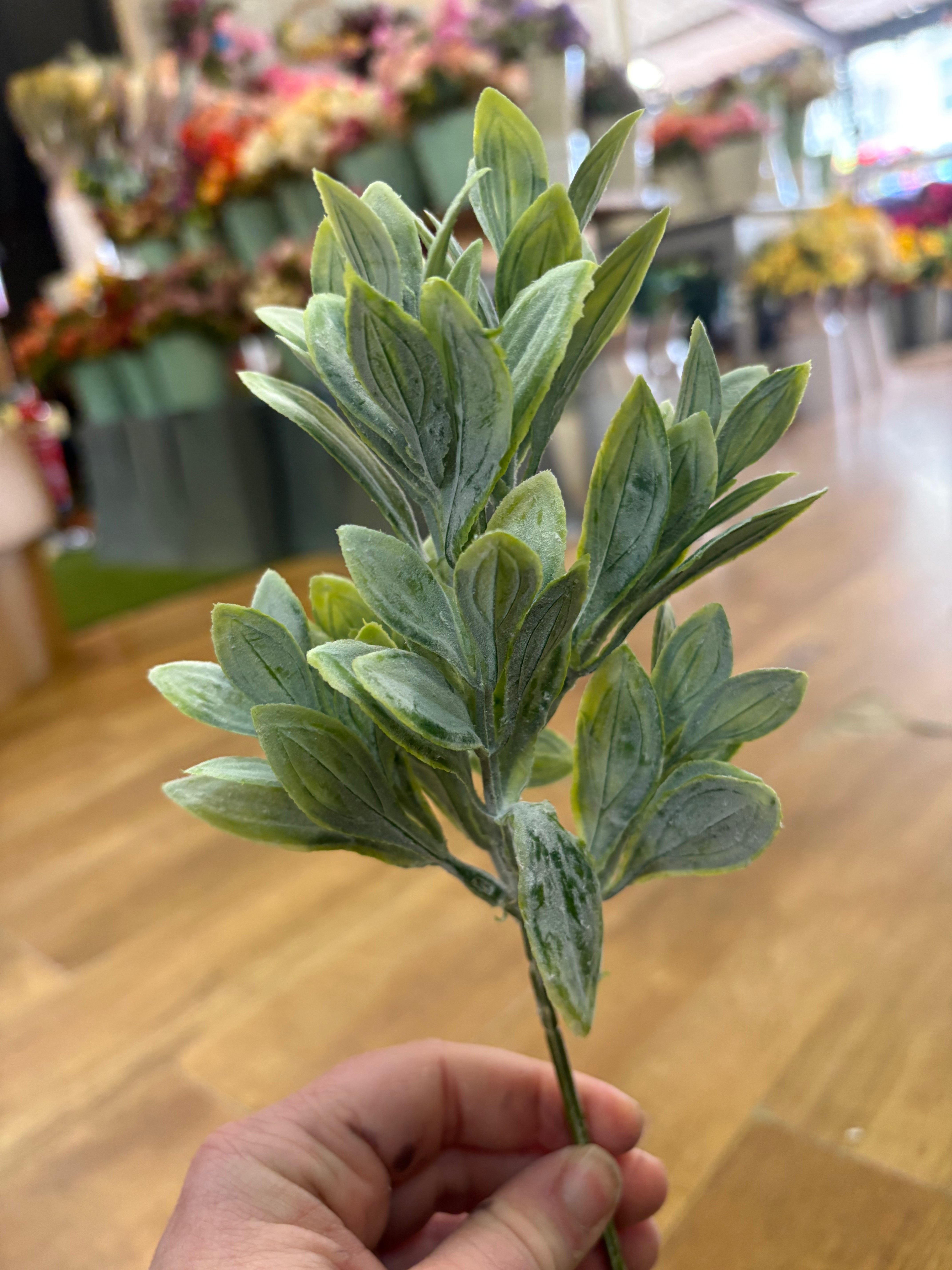 Natural green flocked leaf sprig pick (Ruscus)