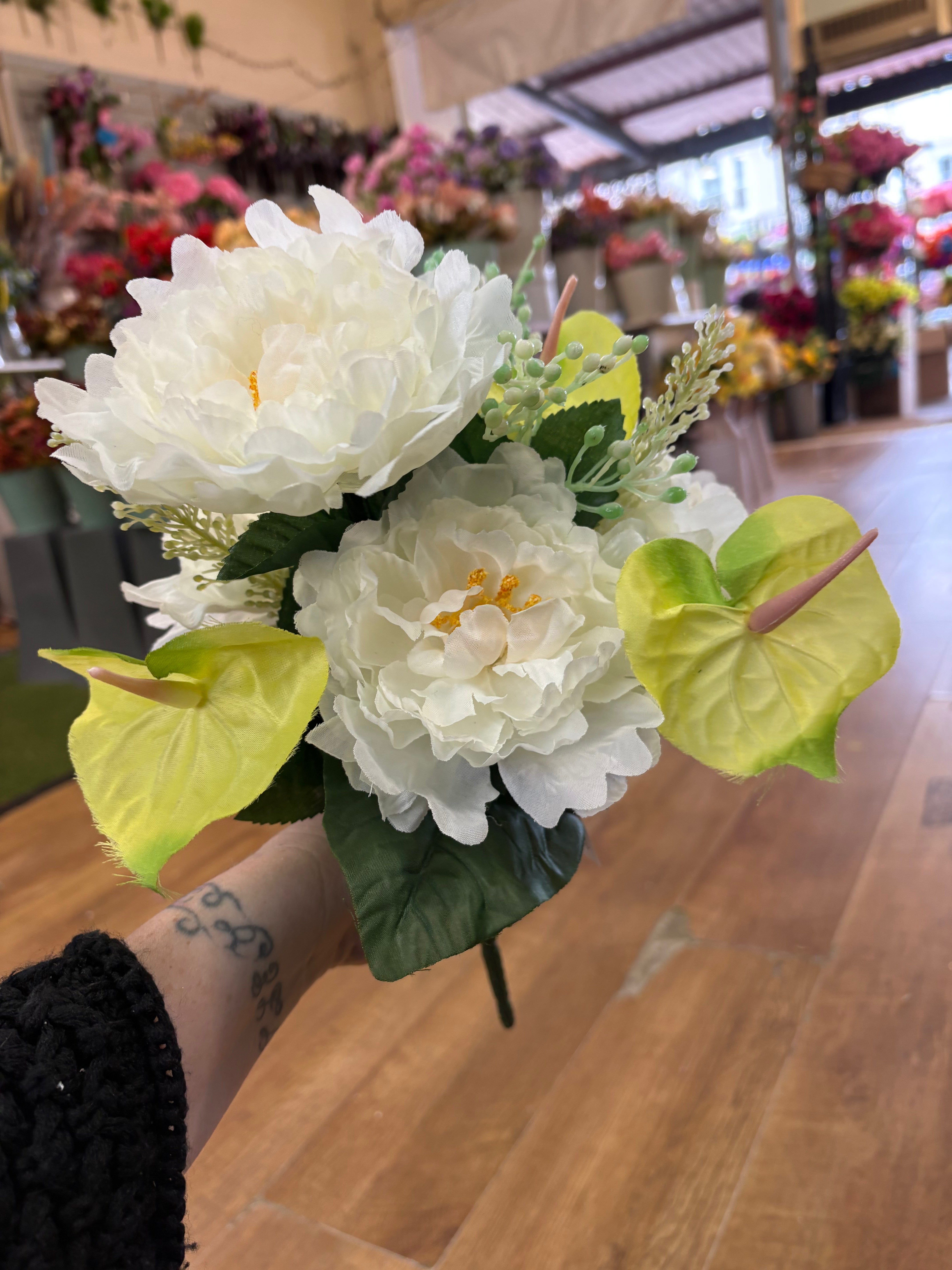 Ivory and lemon/lime frilly peony and anthurium bouquet
