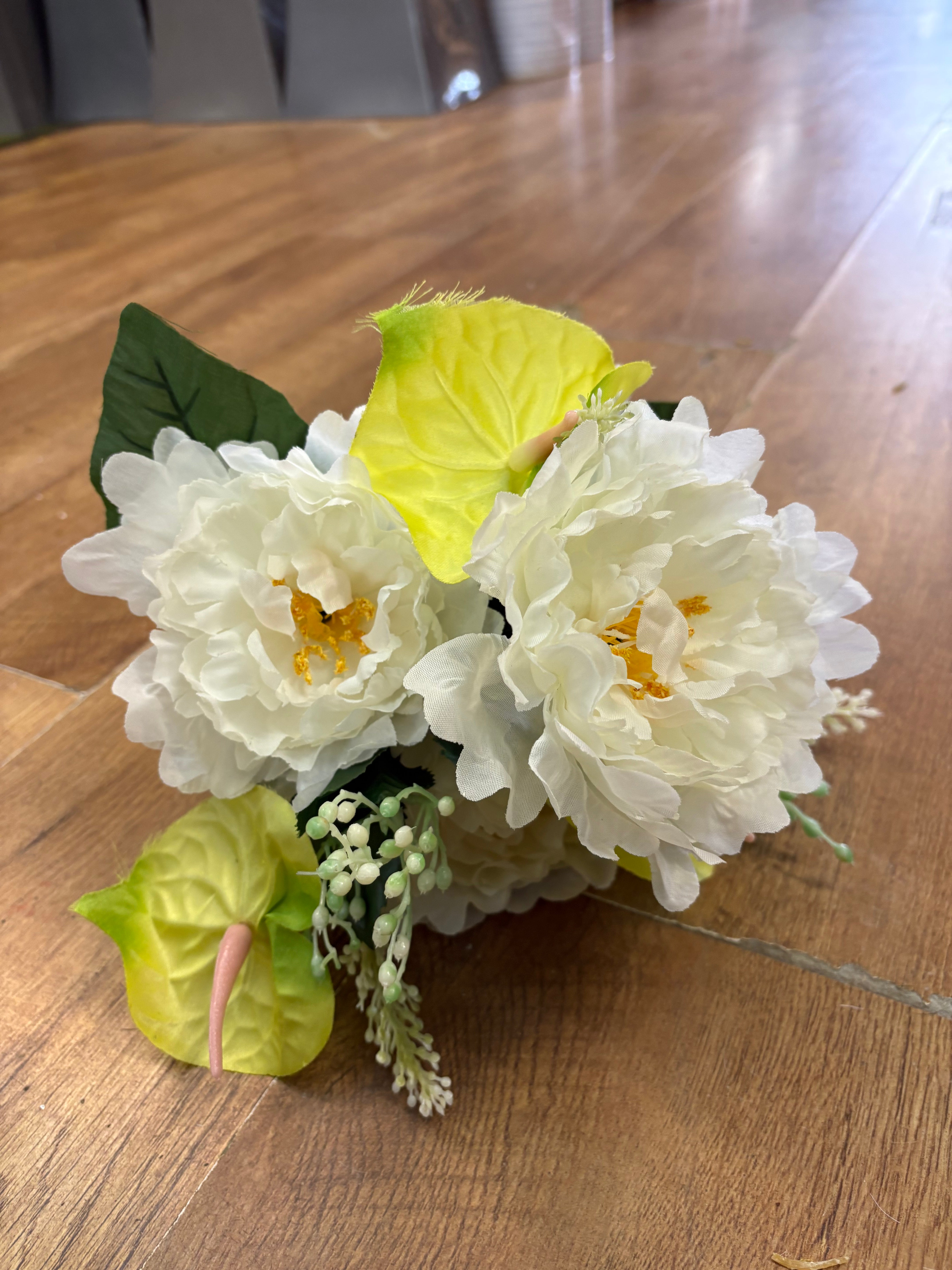 Ivory and lemon/lime frilly peony and anthurium bouquet