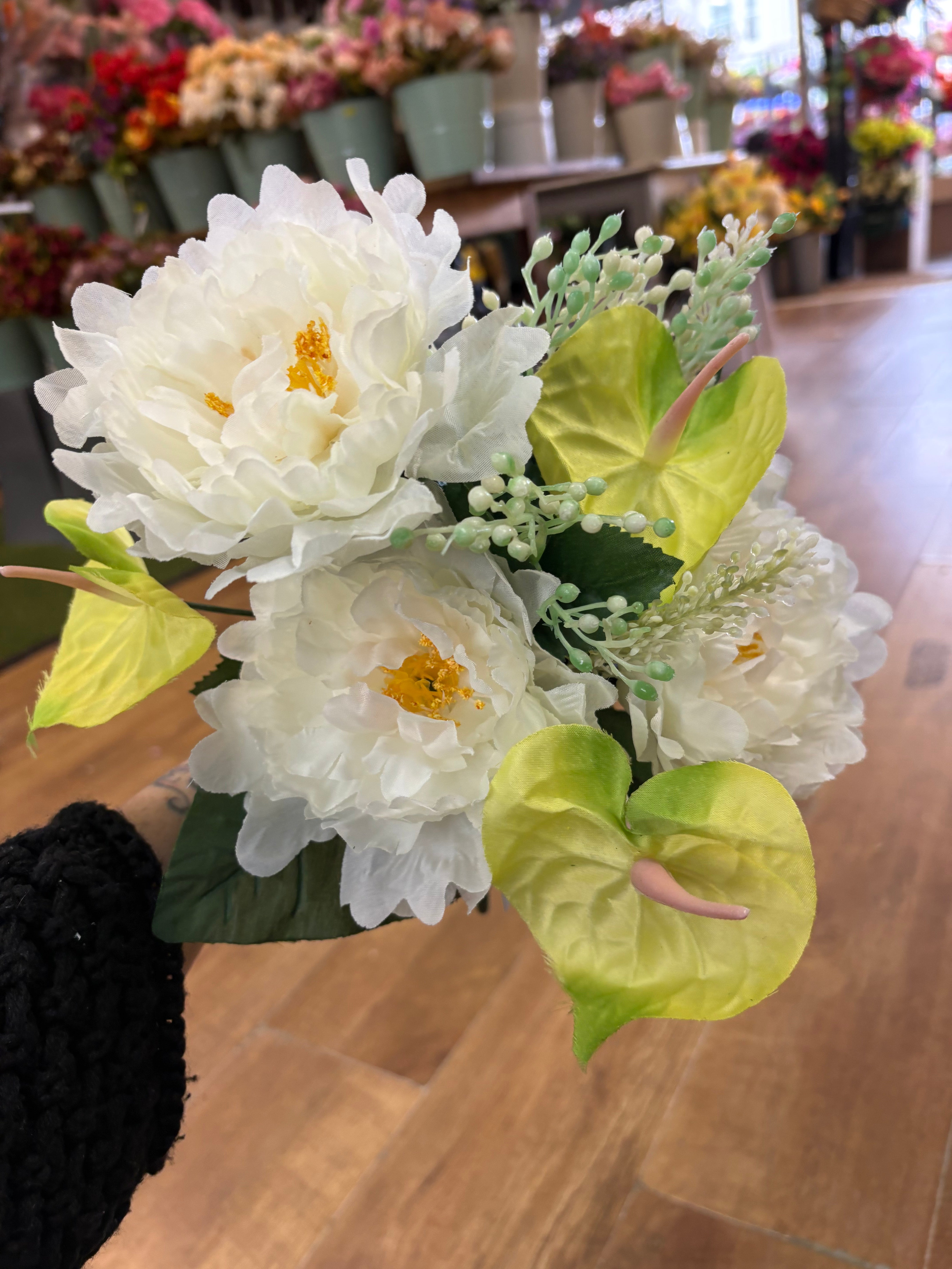 Ivory and lemon/lime frilly peony and anthurium bouquet