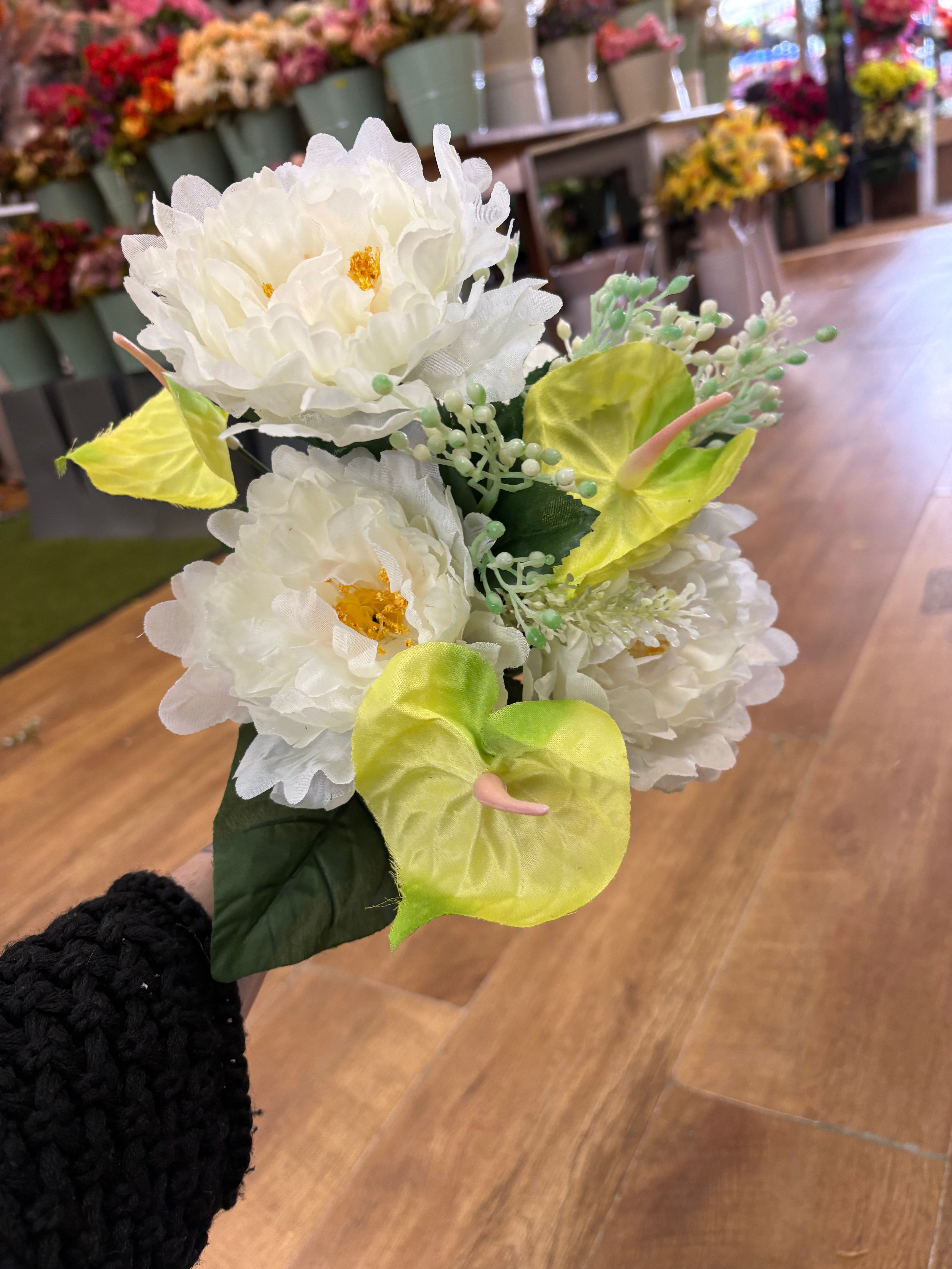 Ivory and lemon/lime frilly peony and anthurium bouquet