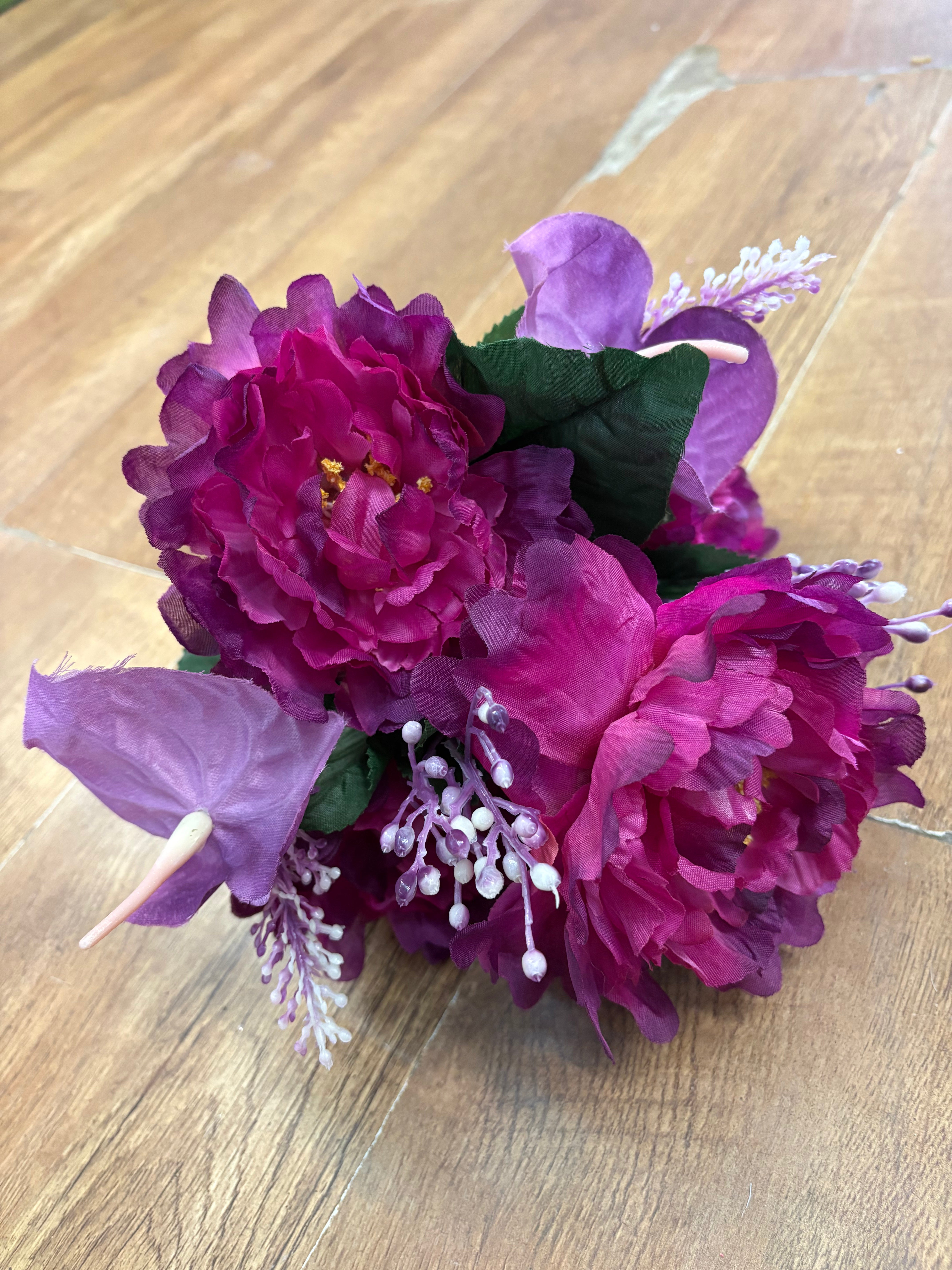 Magenta and purple frilly peony and anthurium bouquet