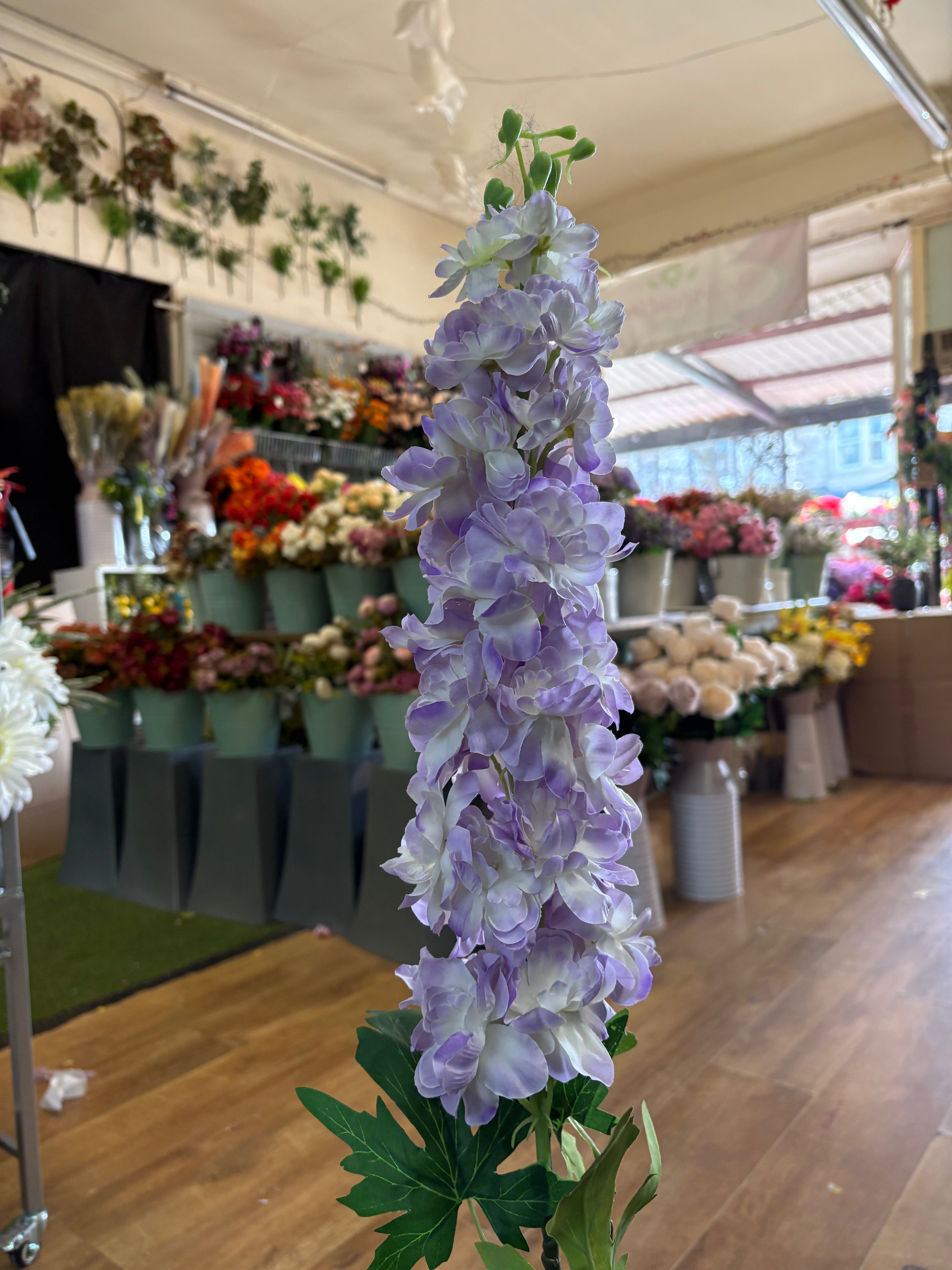 110cm tall lilac and white large delphinium stem