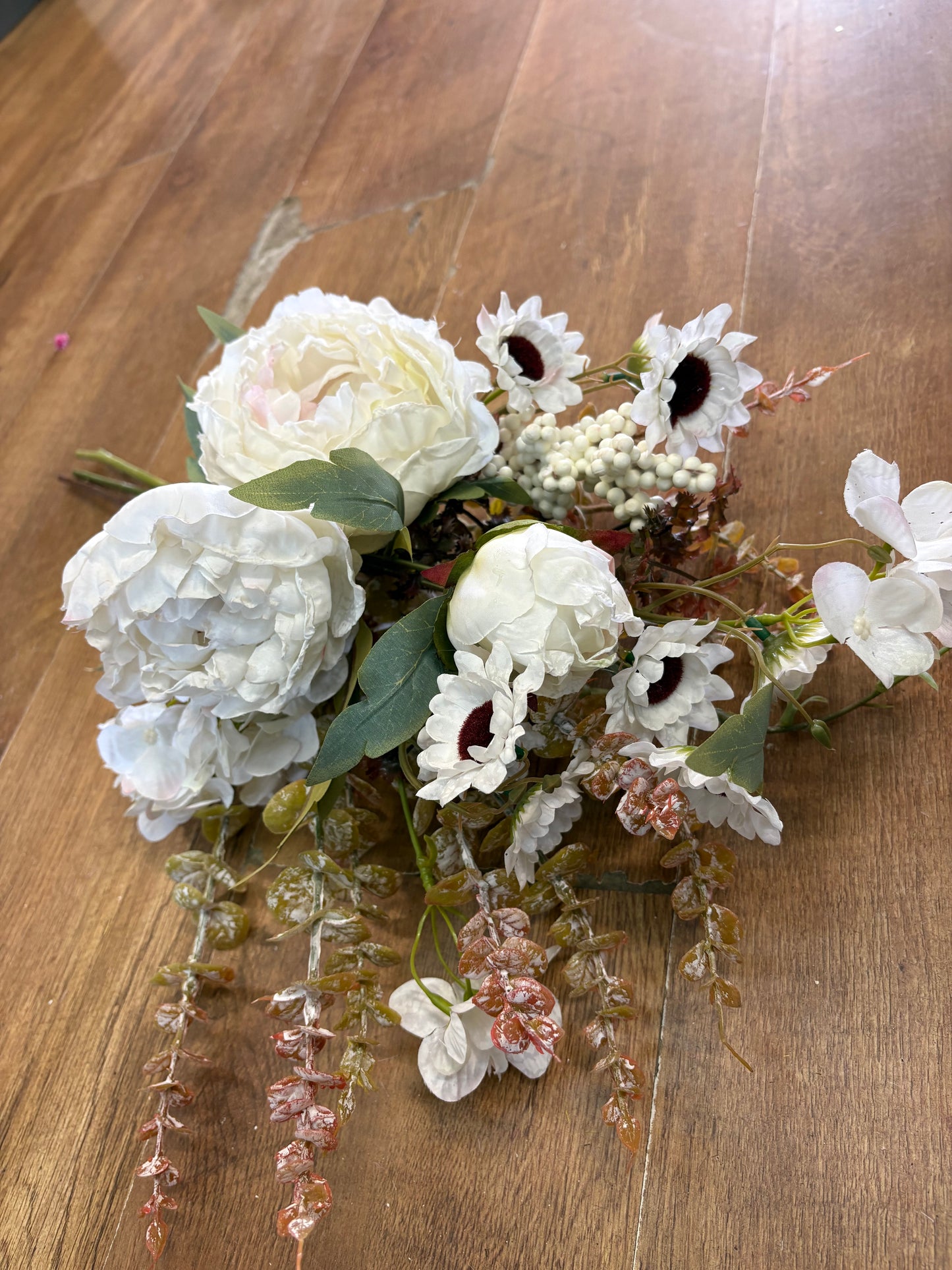 Hand tied ‘Dried look’ ivory and white frilly peony and mixed foliage/flowers bouquet
