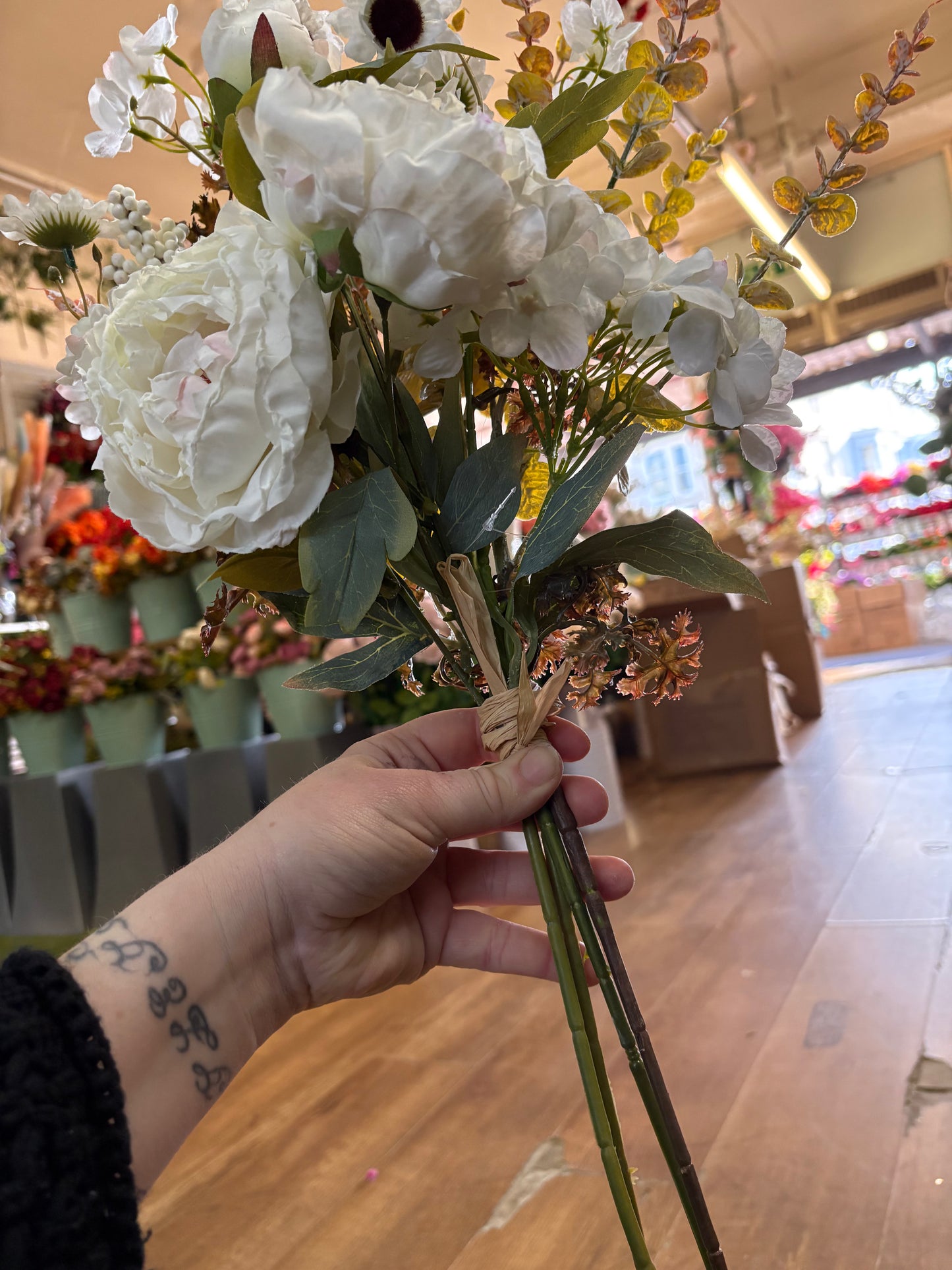 Hand tied ‘Dried look’ ivory and white frilly peony and mixed foliage/flowers bouquet
