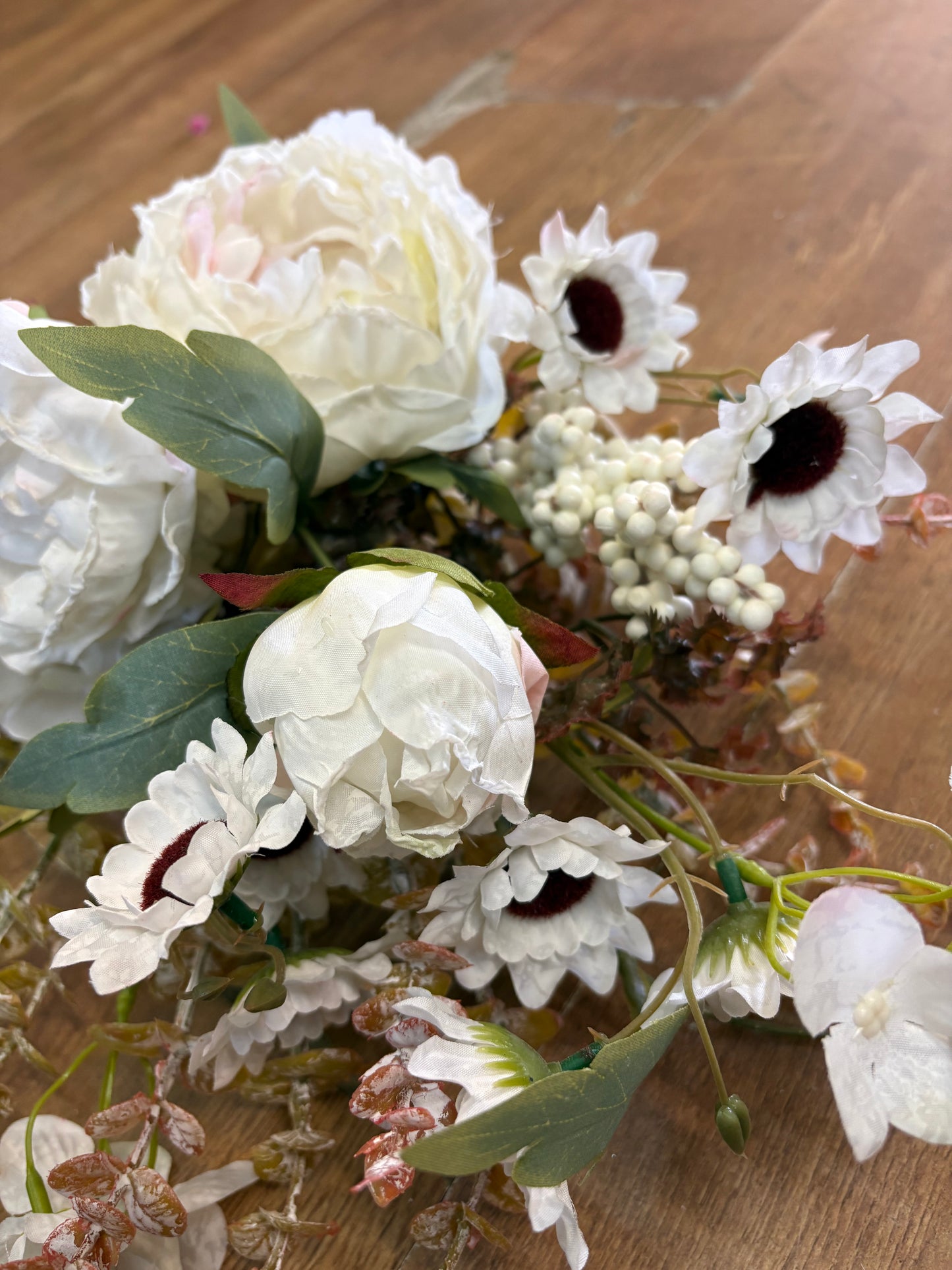 Hand tied ‘Dried look’ ivory and white frilly peony and mixed foliage/flowers bouquet