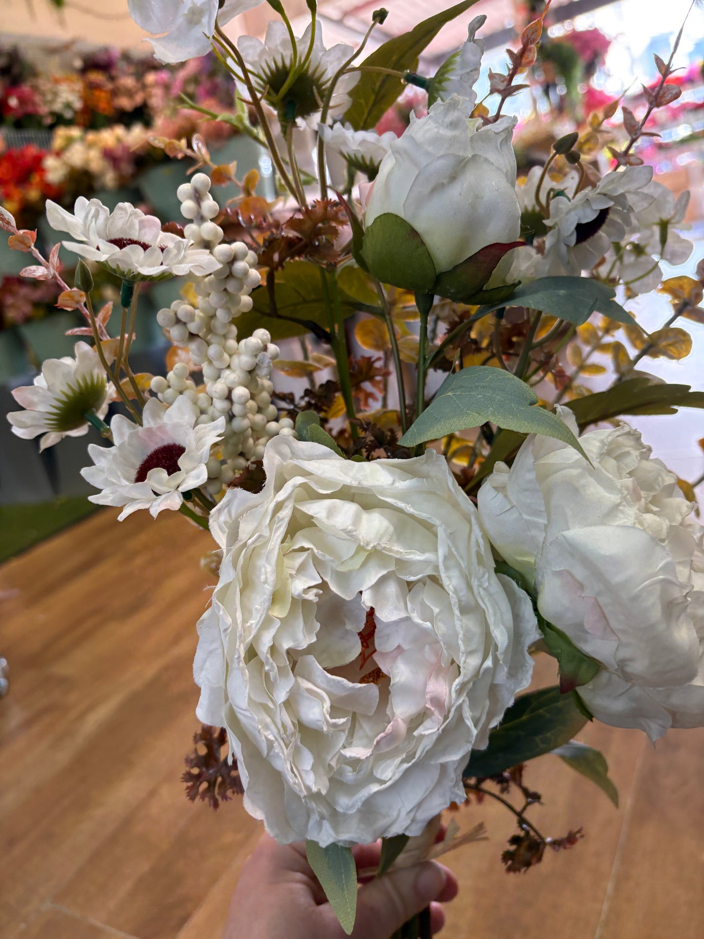 Hand tied ‘Dried look’ ivory and white frilly peony and mixed foliage/flowers bouquet