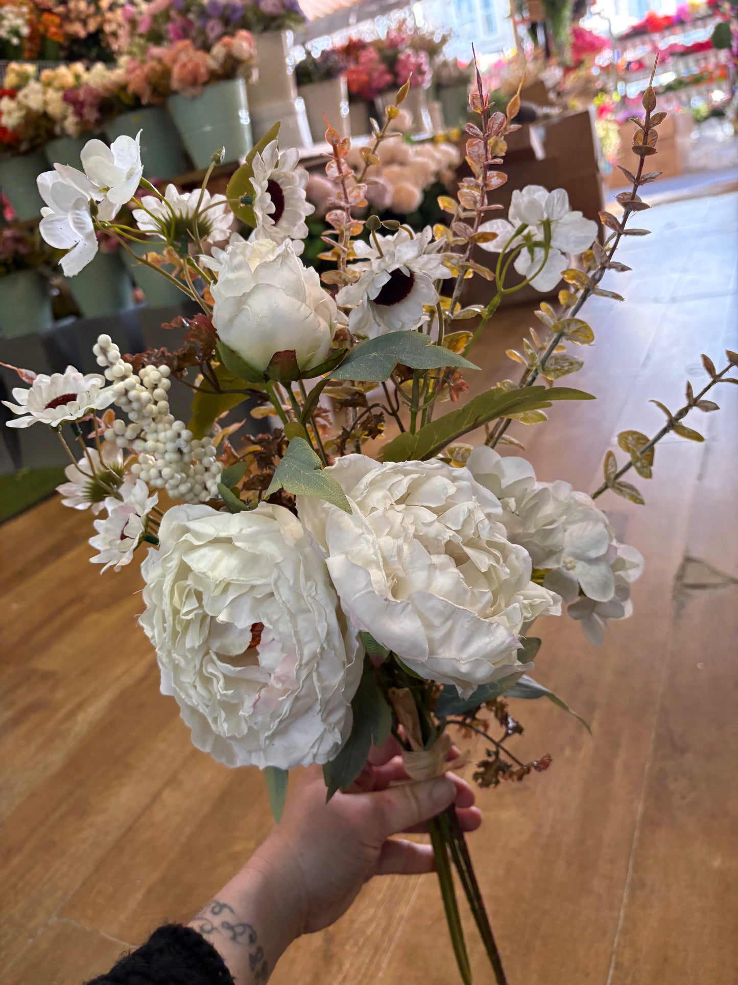 Hand tied ‘Dried look’ ivory and white frilly peony and mixed foliage/flowers bouquet