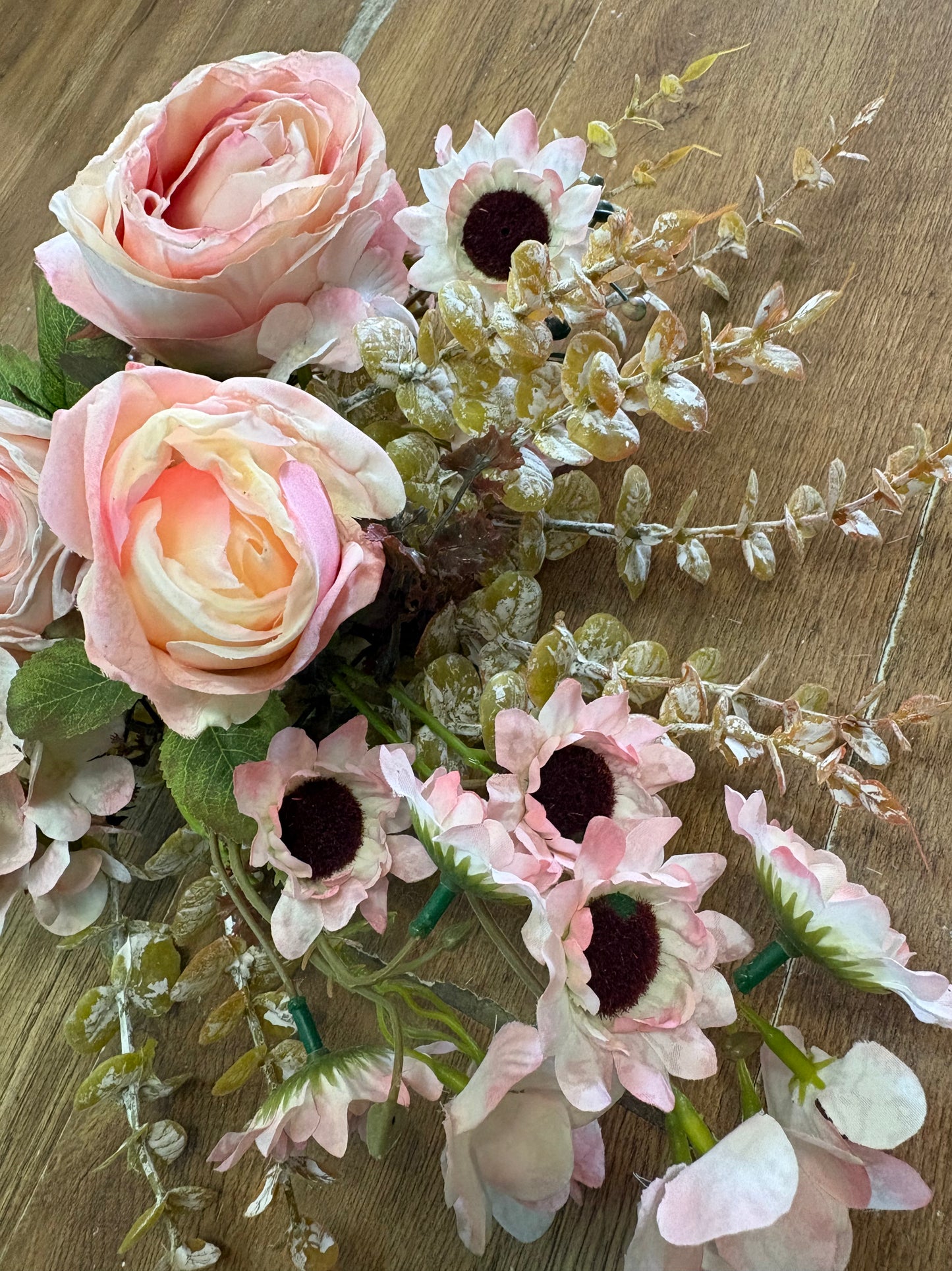 Hand tied ‘dried look’ soft pink rose and mixed foliage/flower Bouquet