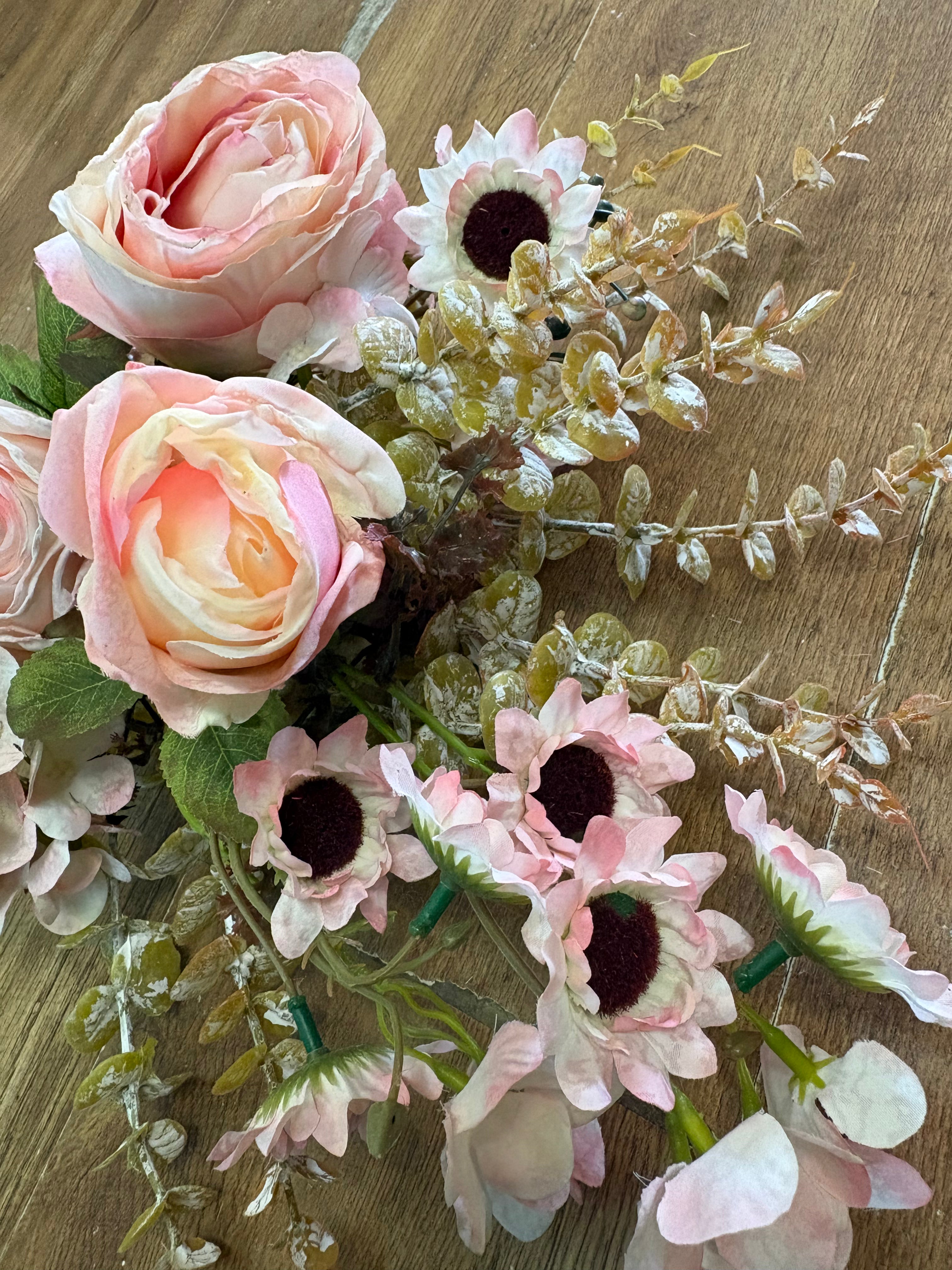 Hand tied ‘dried look’ soft pink rose and mixed foliage/flower Bouquet