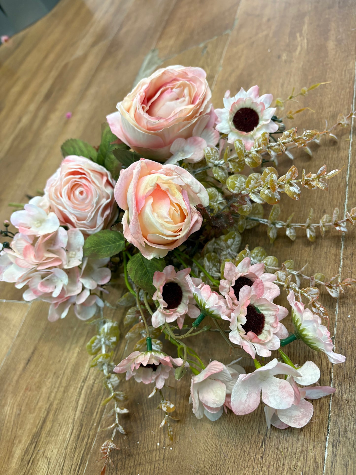 Hand tied ‘dried look’ soft pink rose and mixed foliage/flower Bouquet