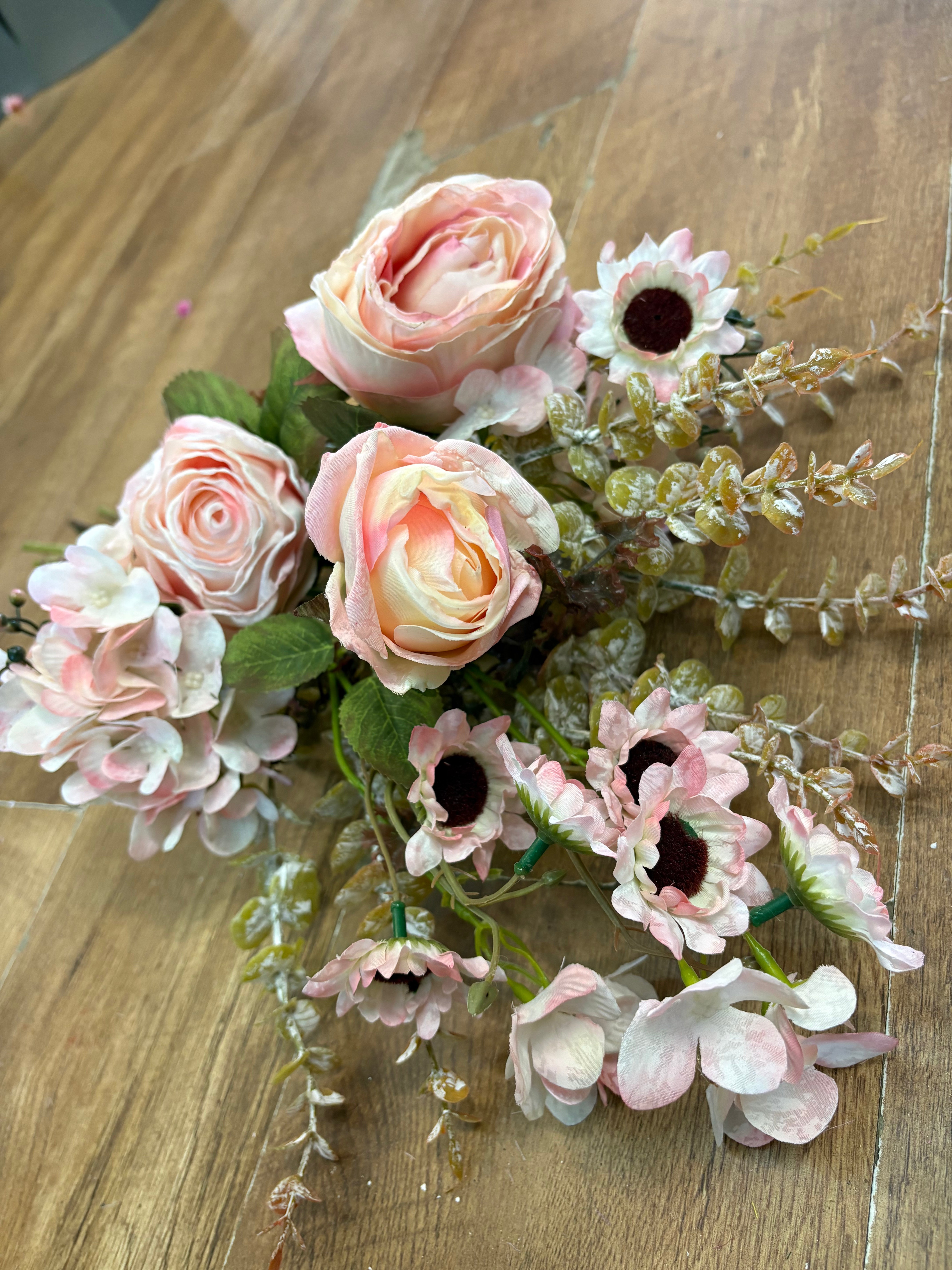 Hand tied ‘dried look’ soft pink rose and mixed foliage/flower Bouquet