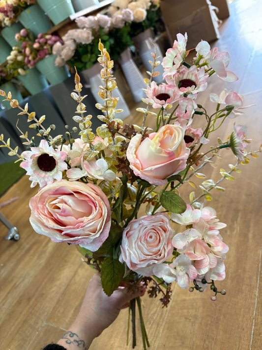 Hand tied ‘dried look’ soft pink rose and mixed foliage/flower Bouquet