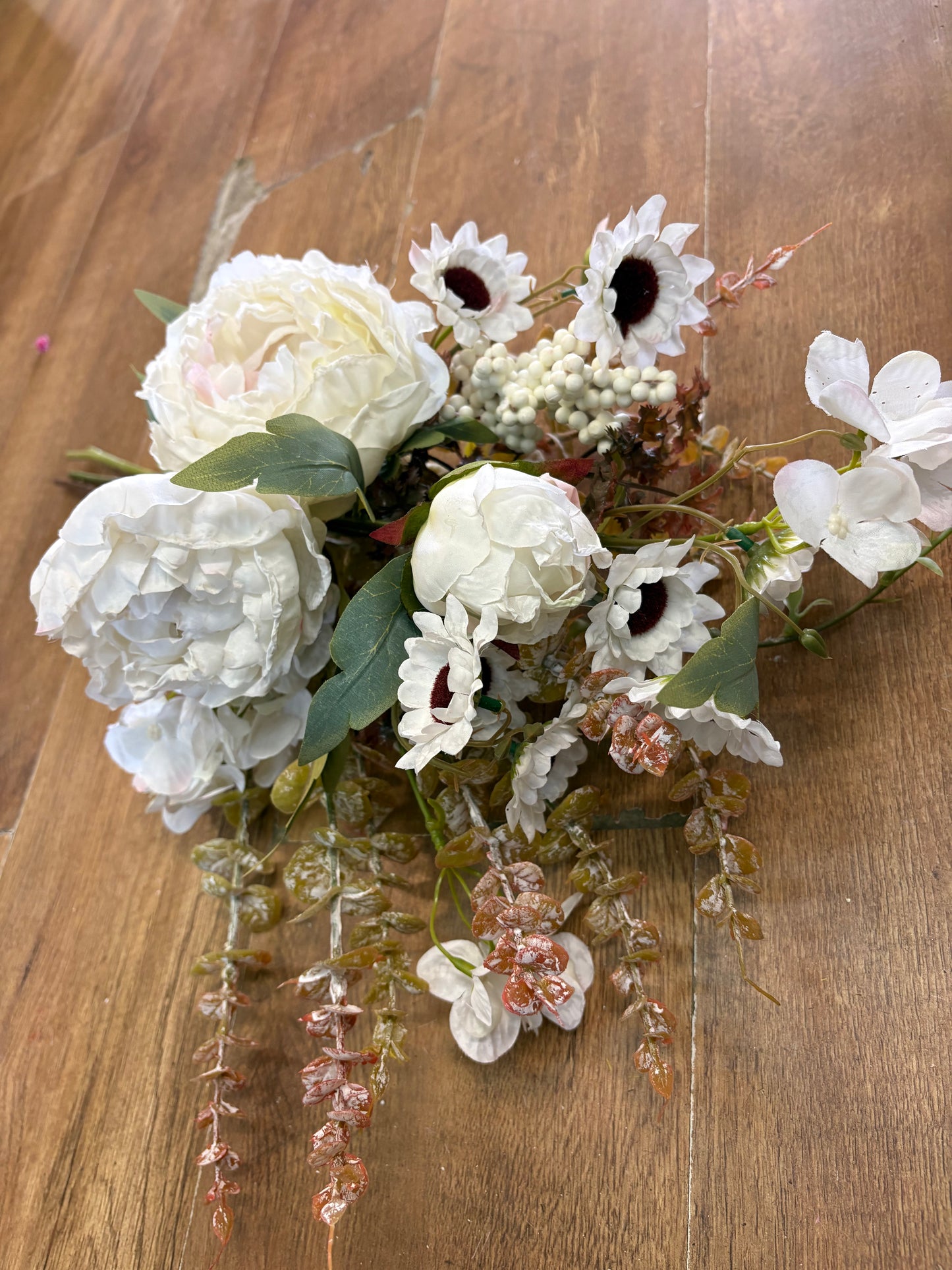 Hand tied ‘Dried look’ ivory and white frilly peony and mixed foliage/flowers bouquet