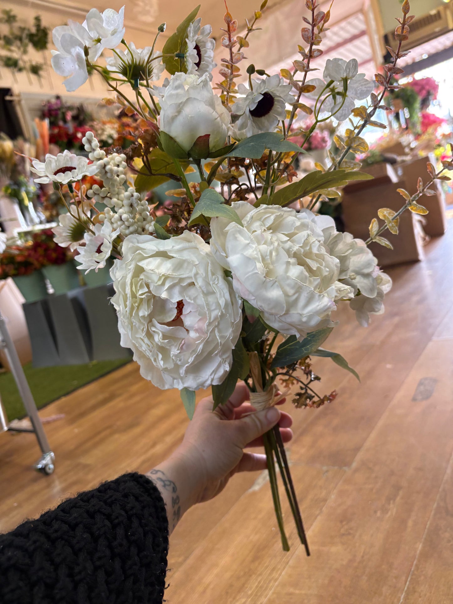 Hand tied ‘Dried look’ ivory and white frilly peony and mixed foliage/flowers bouquet