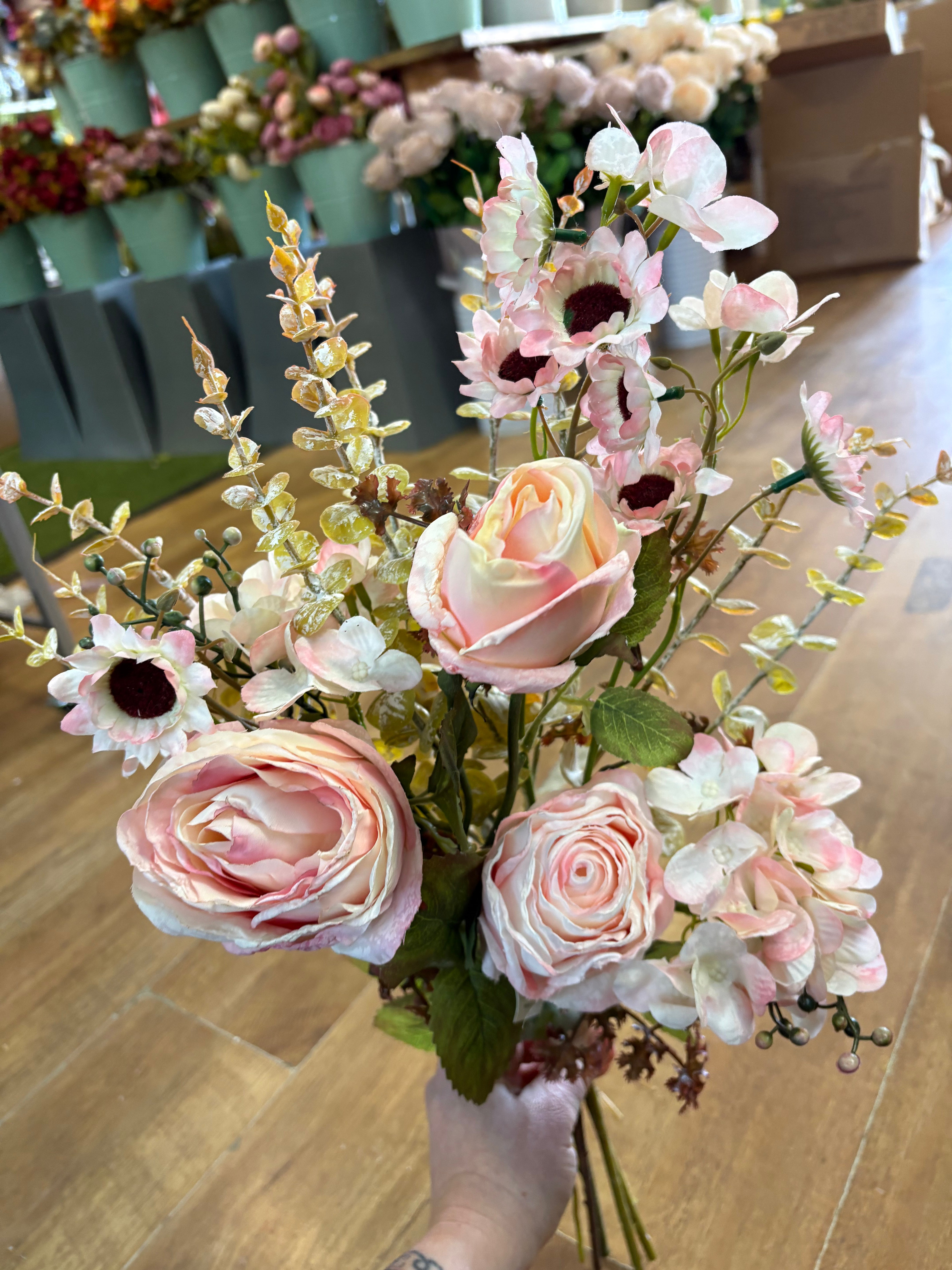 Hand tied ‘dried look’ soft pink rose and mixed foliage/flower Bouquet