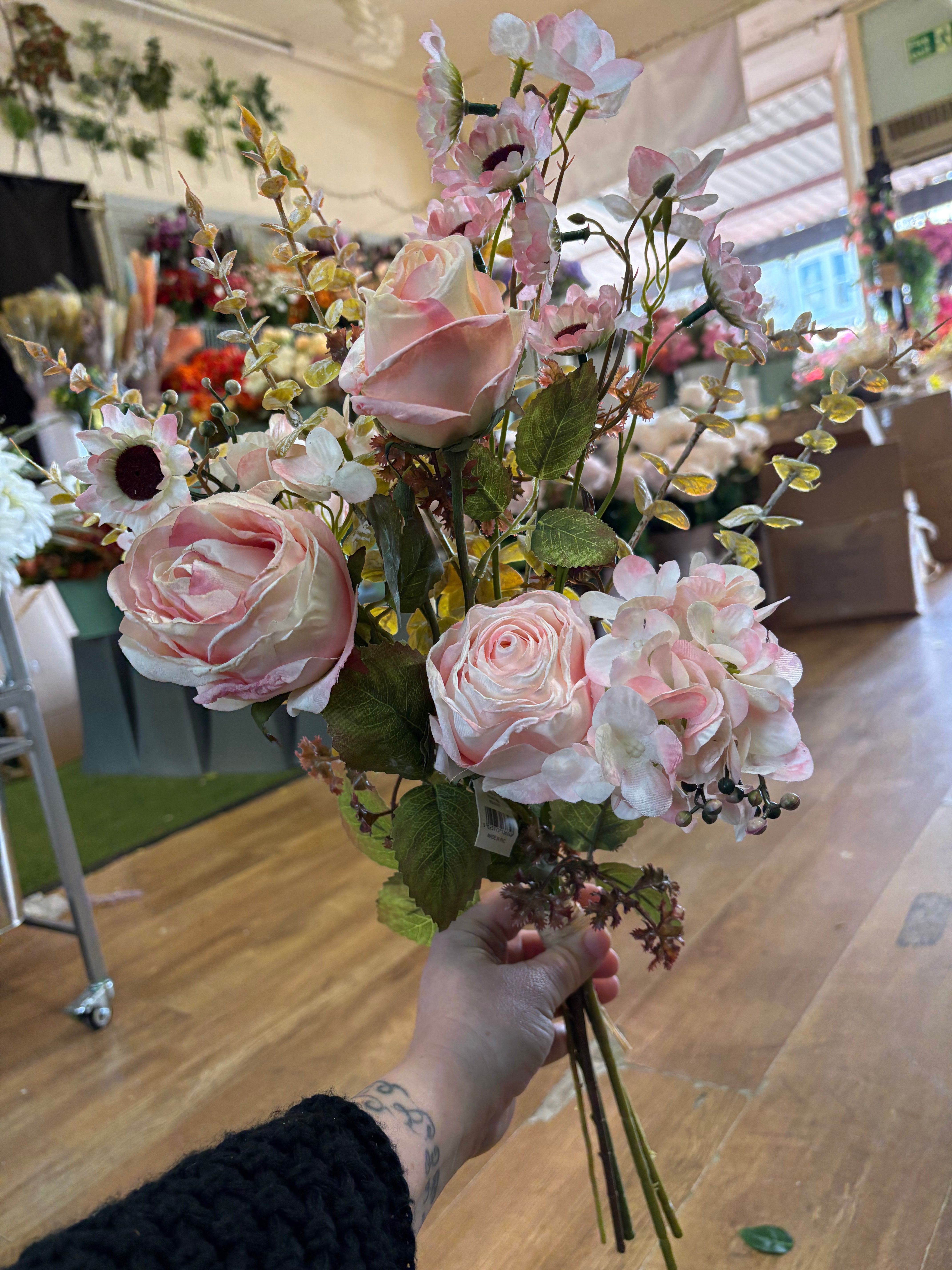 Hand tied ‘dried look’ soft pink rose and mixed foliage/flower Bouquet