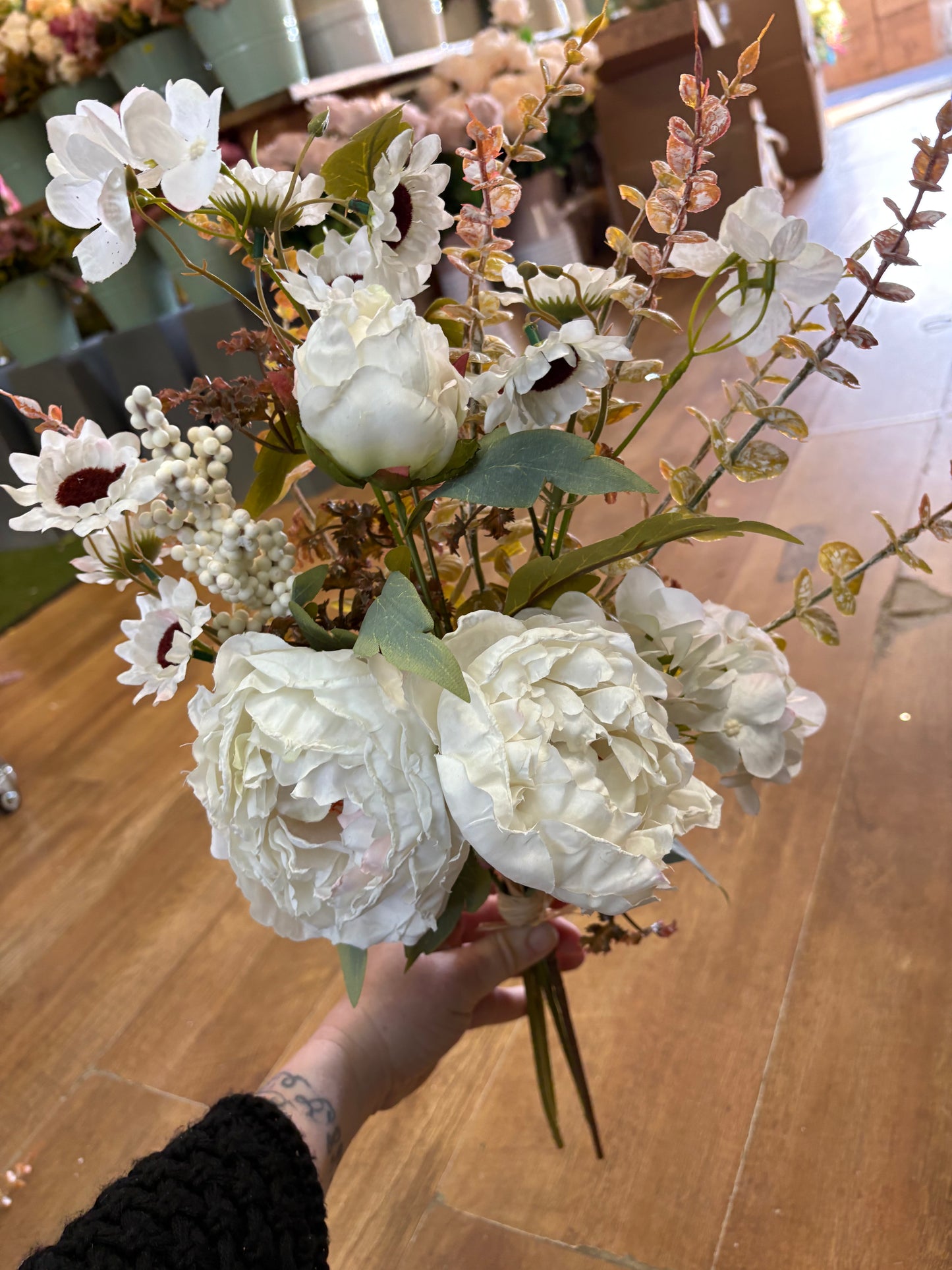 Hand tied ‘Dried look’ ivory and white frilly peony and mixed foliage/flowers bouquet