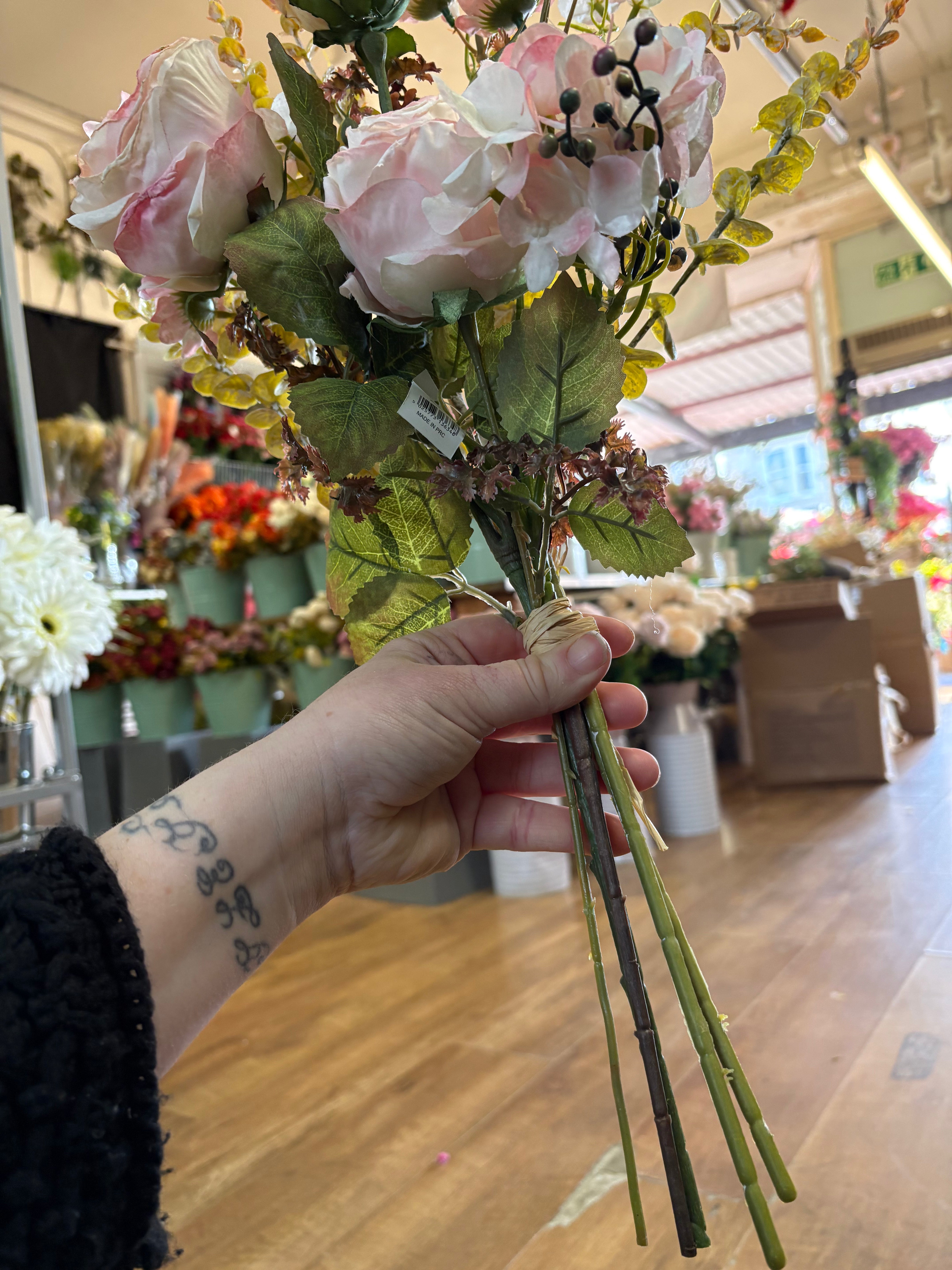 Hand tied ‘dried look’ soft pink rose and mixed foliage/flower Bouquet