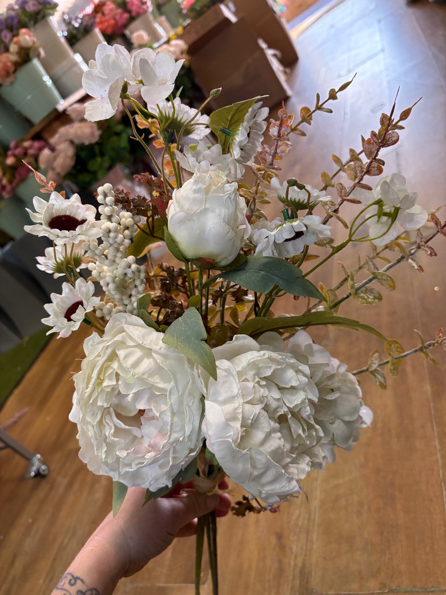 Hand tied ‘Dried look’ ivory and white frilly peony and mixed foliage/flowers bouquet