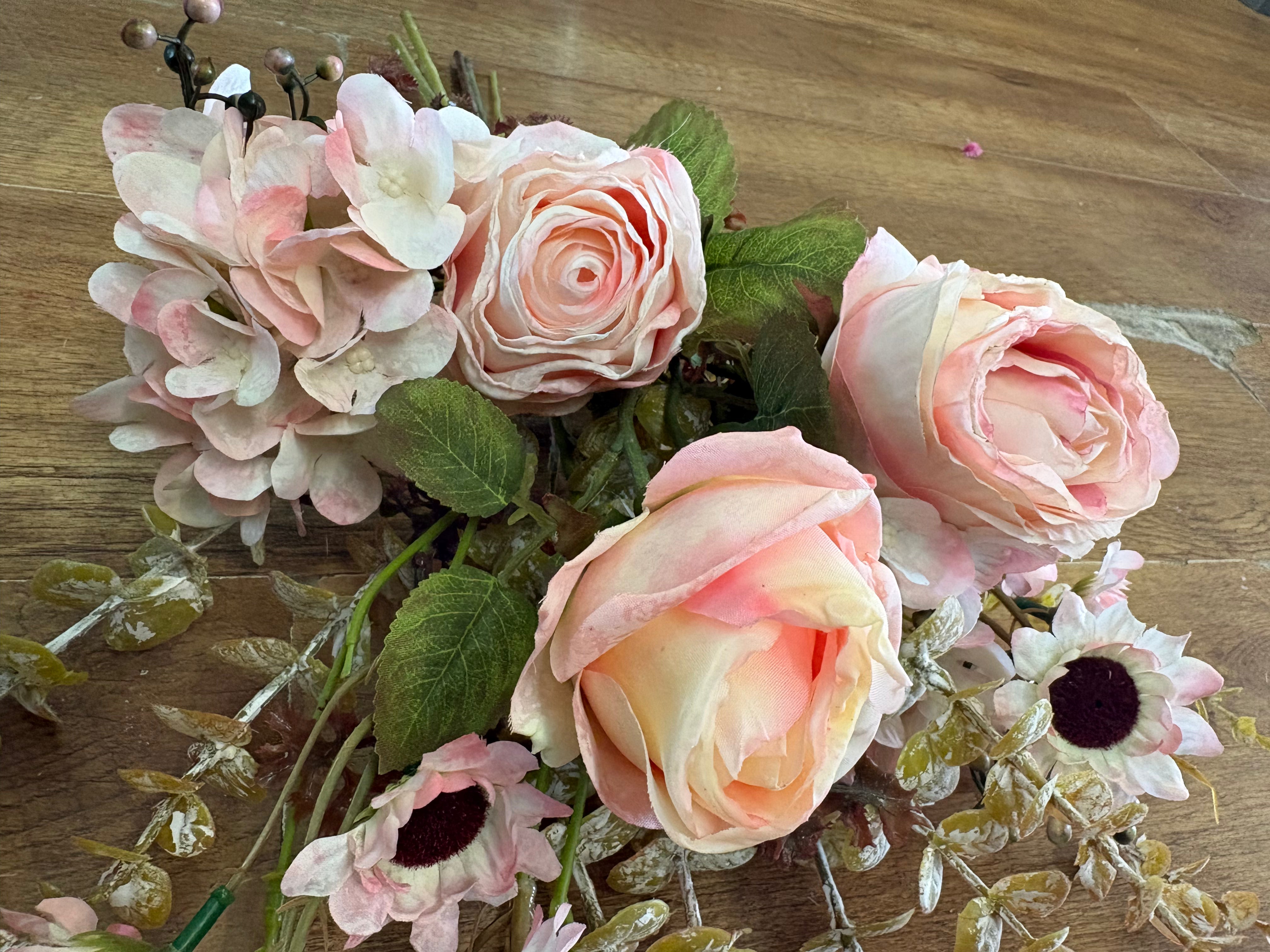 Hand tied ‘dried look’ soft pink rose and mixed foliage/flower Bouquet