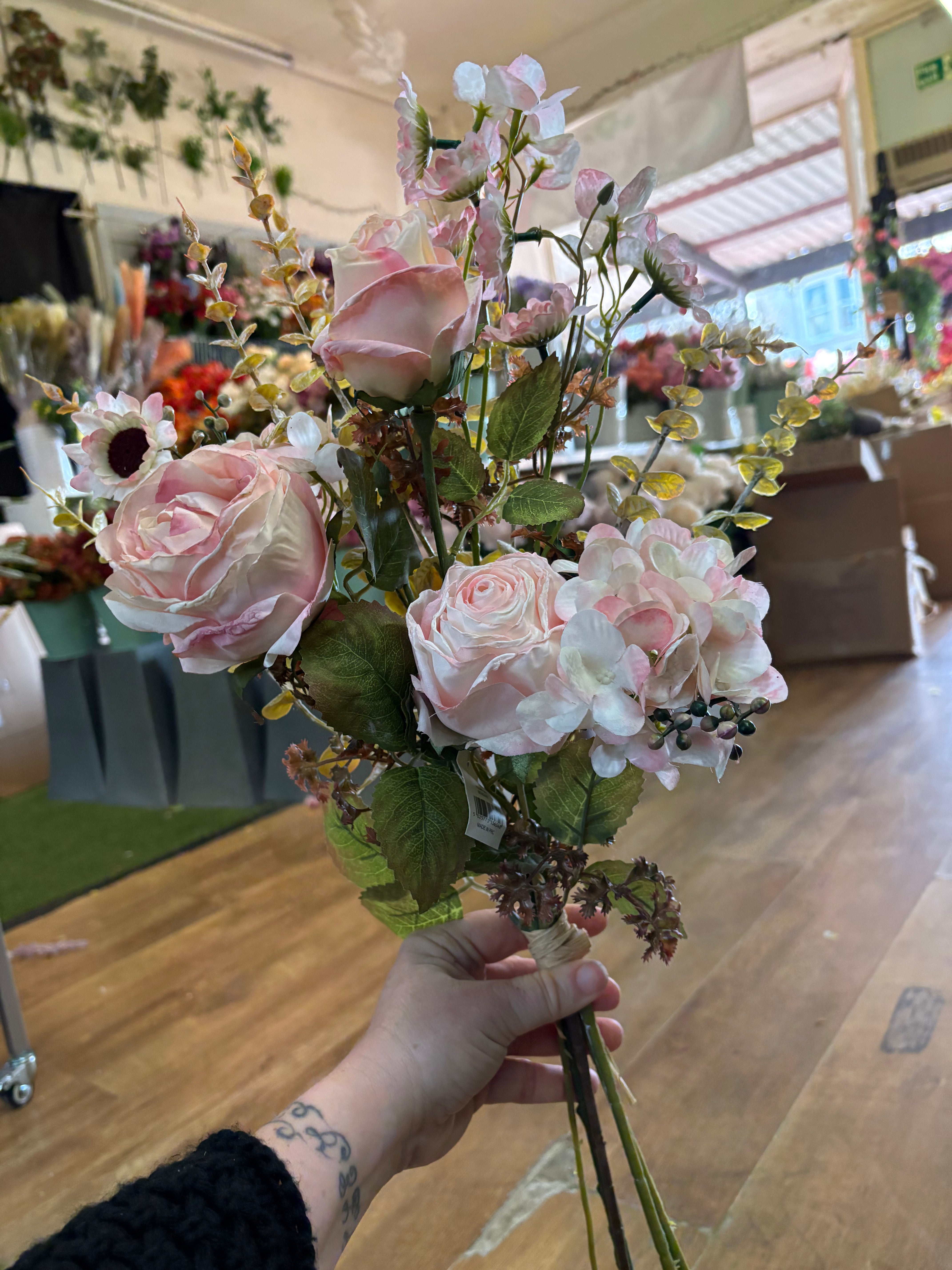Hand tied ‘dried look’ soft pink rose and mixed foliage/flower Bouquet
