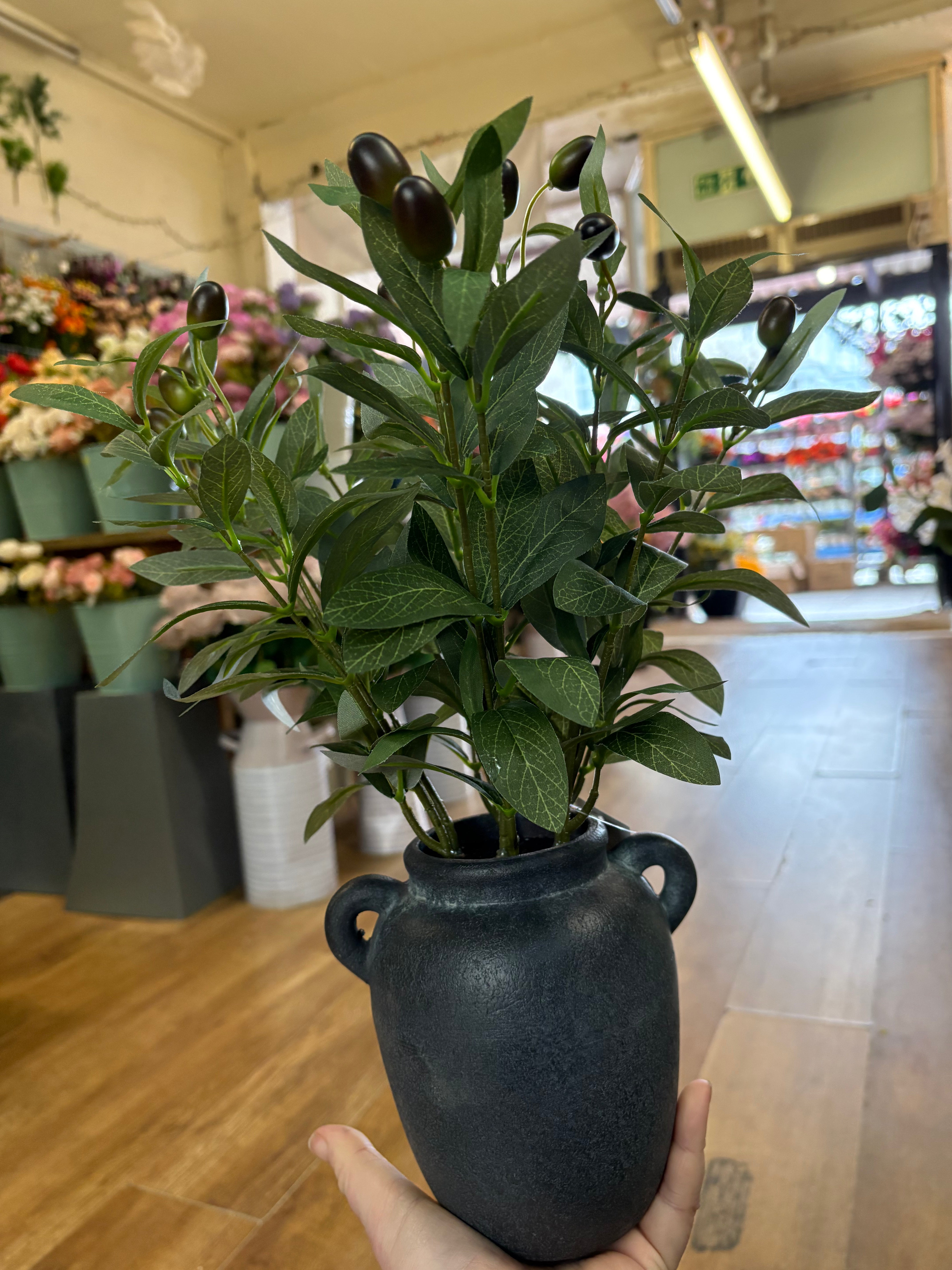 43cm olive branch display in black ceramic pot