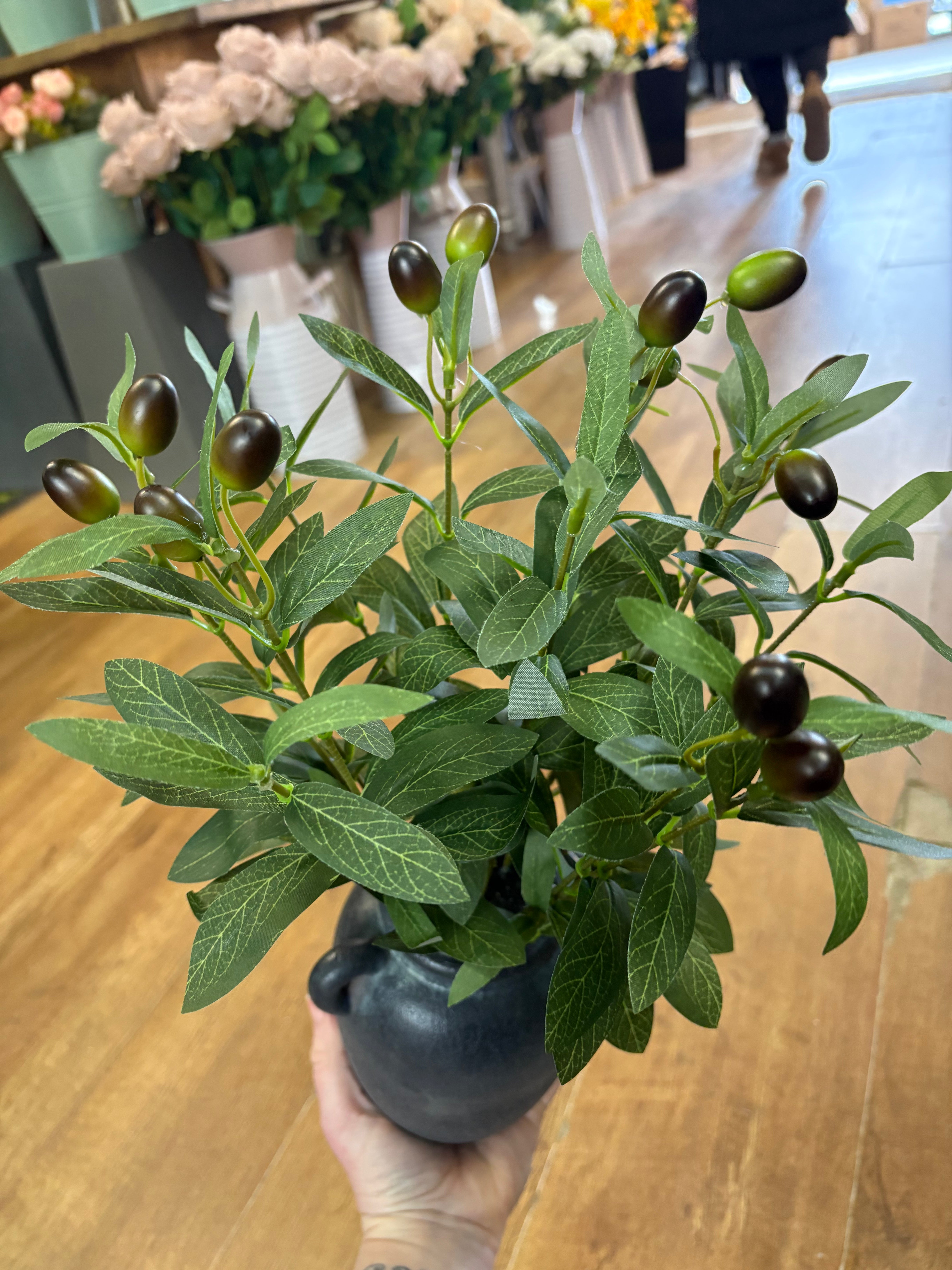 43cm olive branch display in black ceramic pot