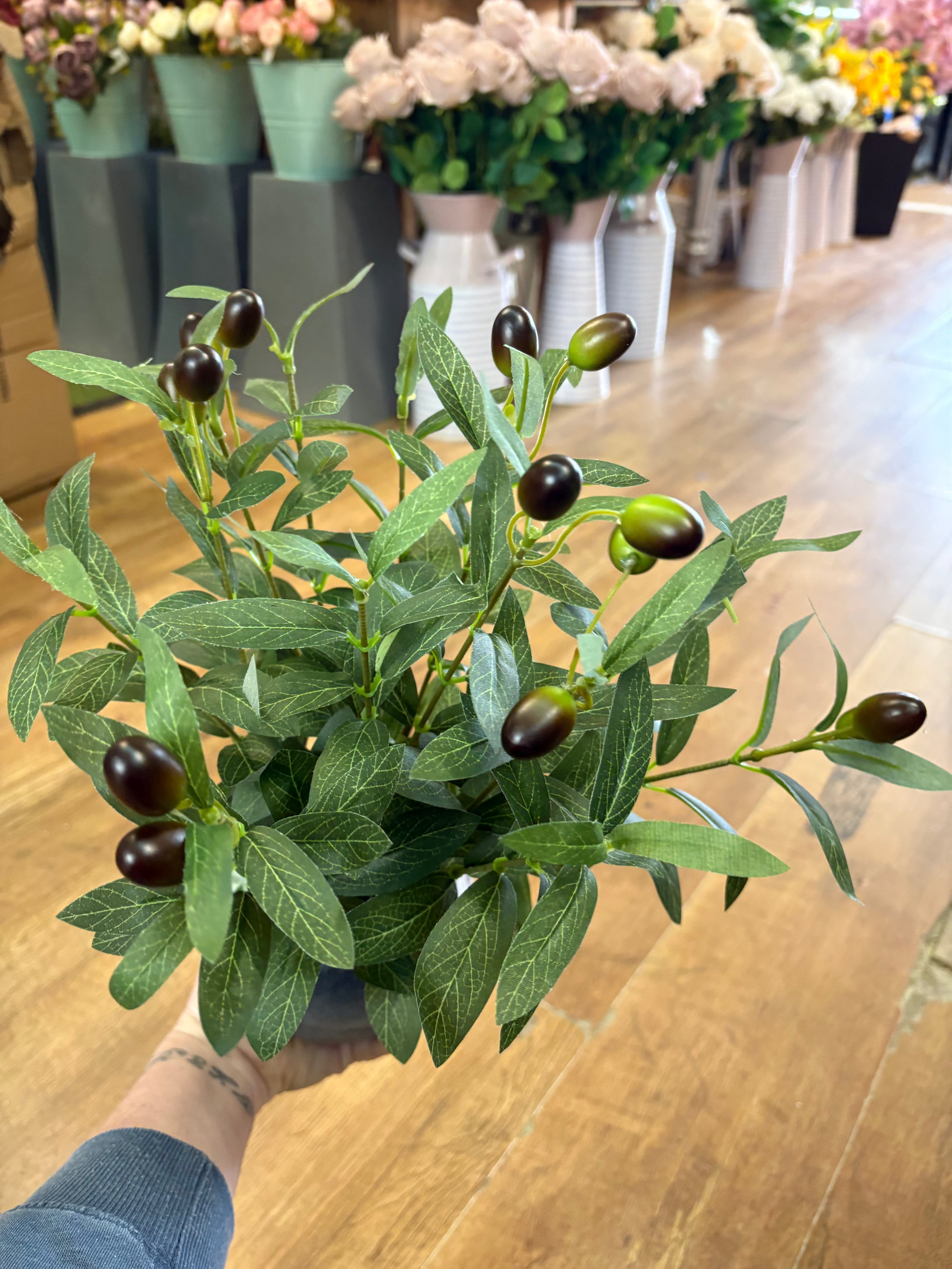 43cm olive branch display in black ceramic pot
