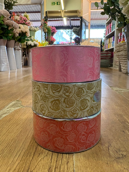 50m roll of Rose print Poly ribbon - 3 colours available