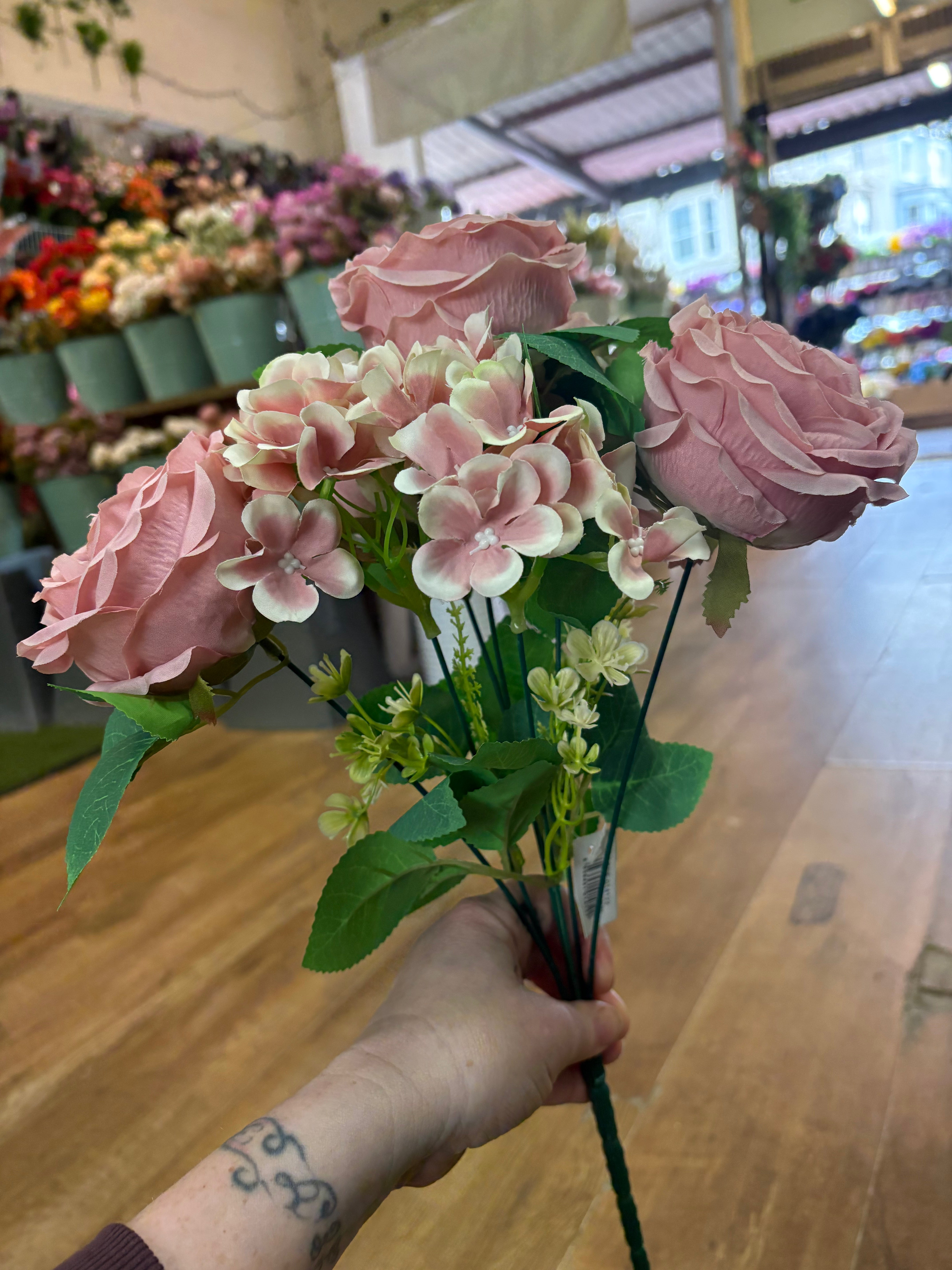 Pink cabbage rose and hydrangea bouquet
