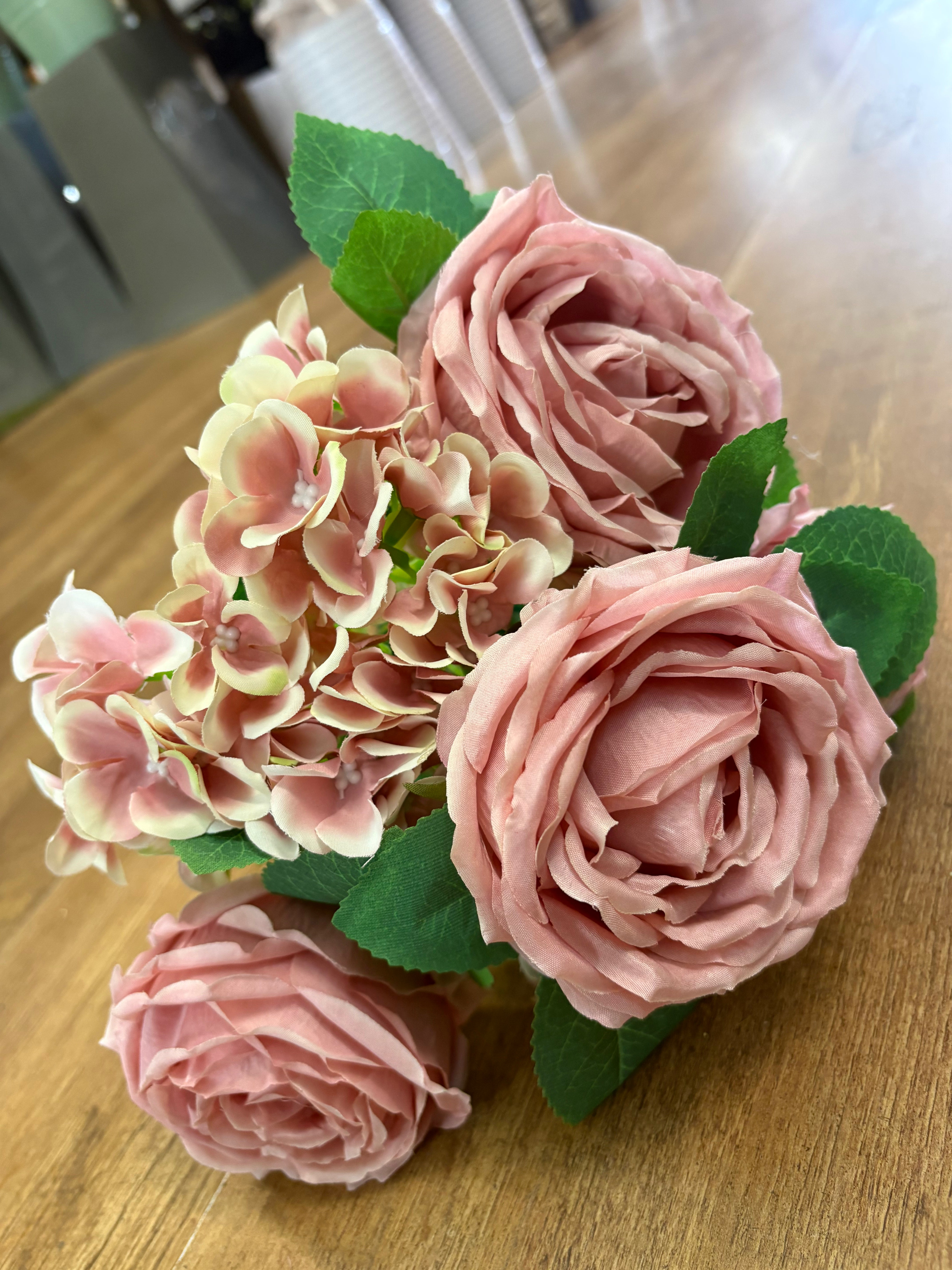 Pink cabbage rose and hydrangea bouquet