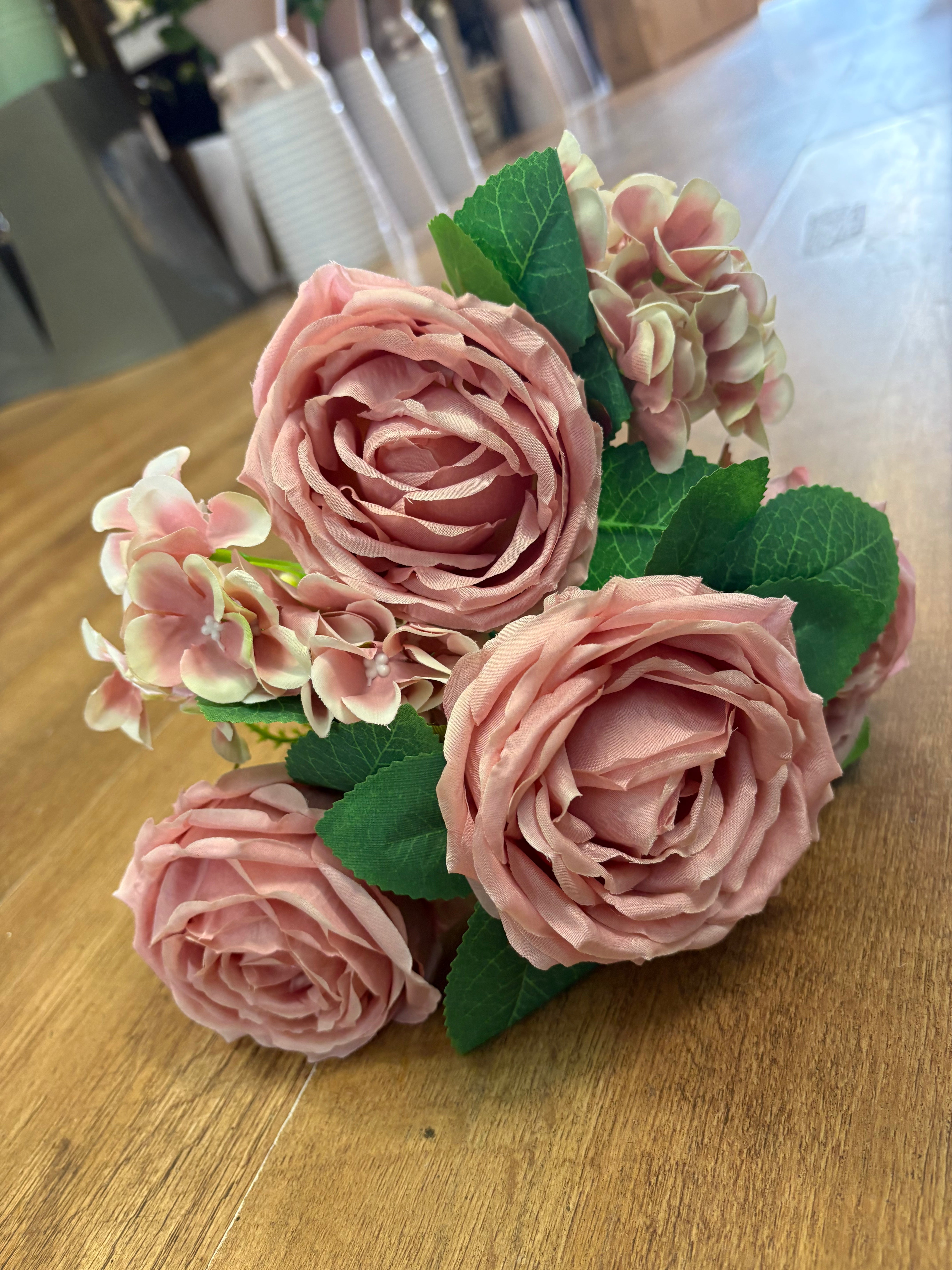 Pink cabbage rose and hydrangea bouquet