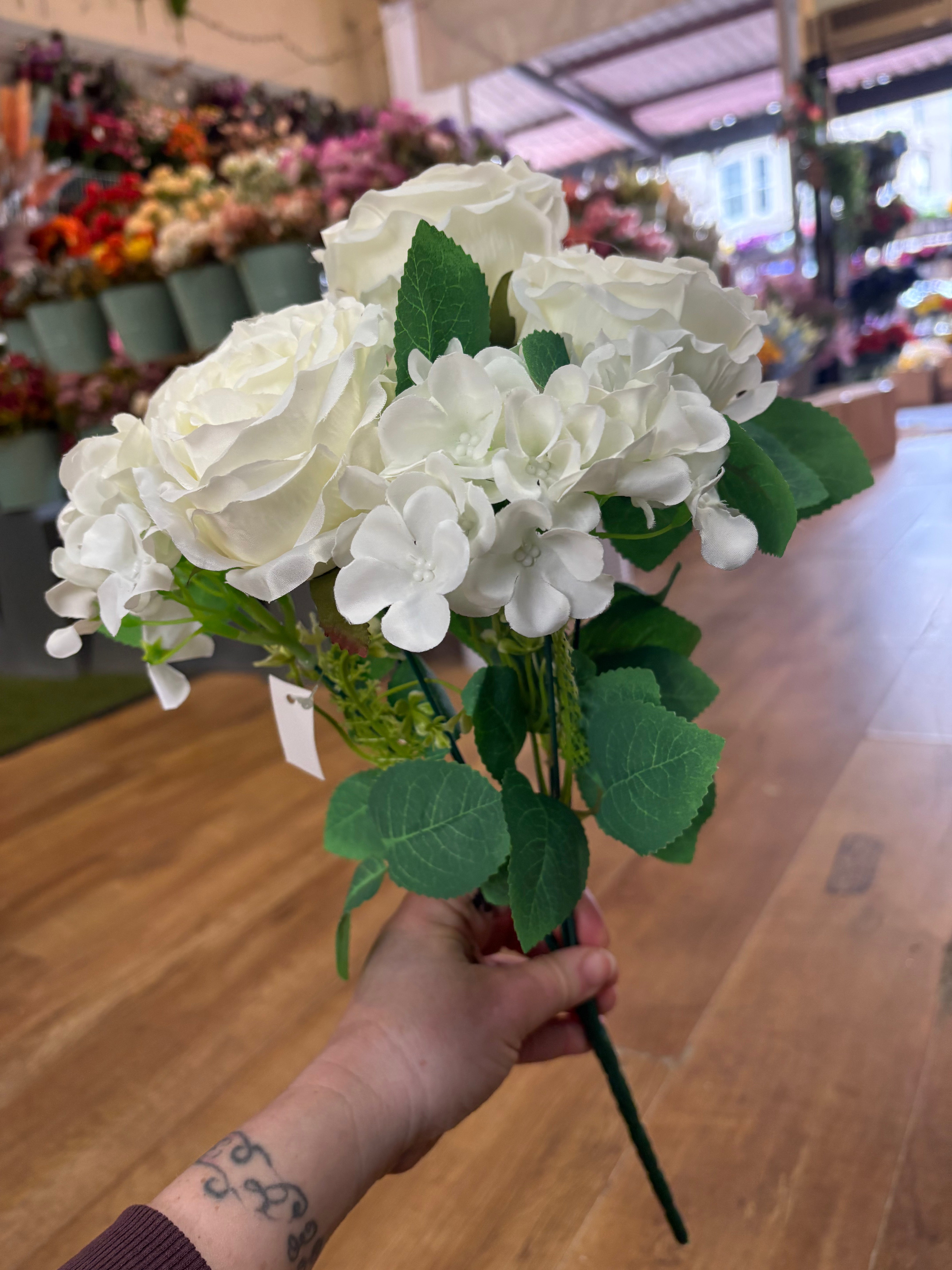 Ivory cabbage rose and hydrangea bouquet