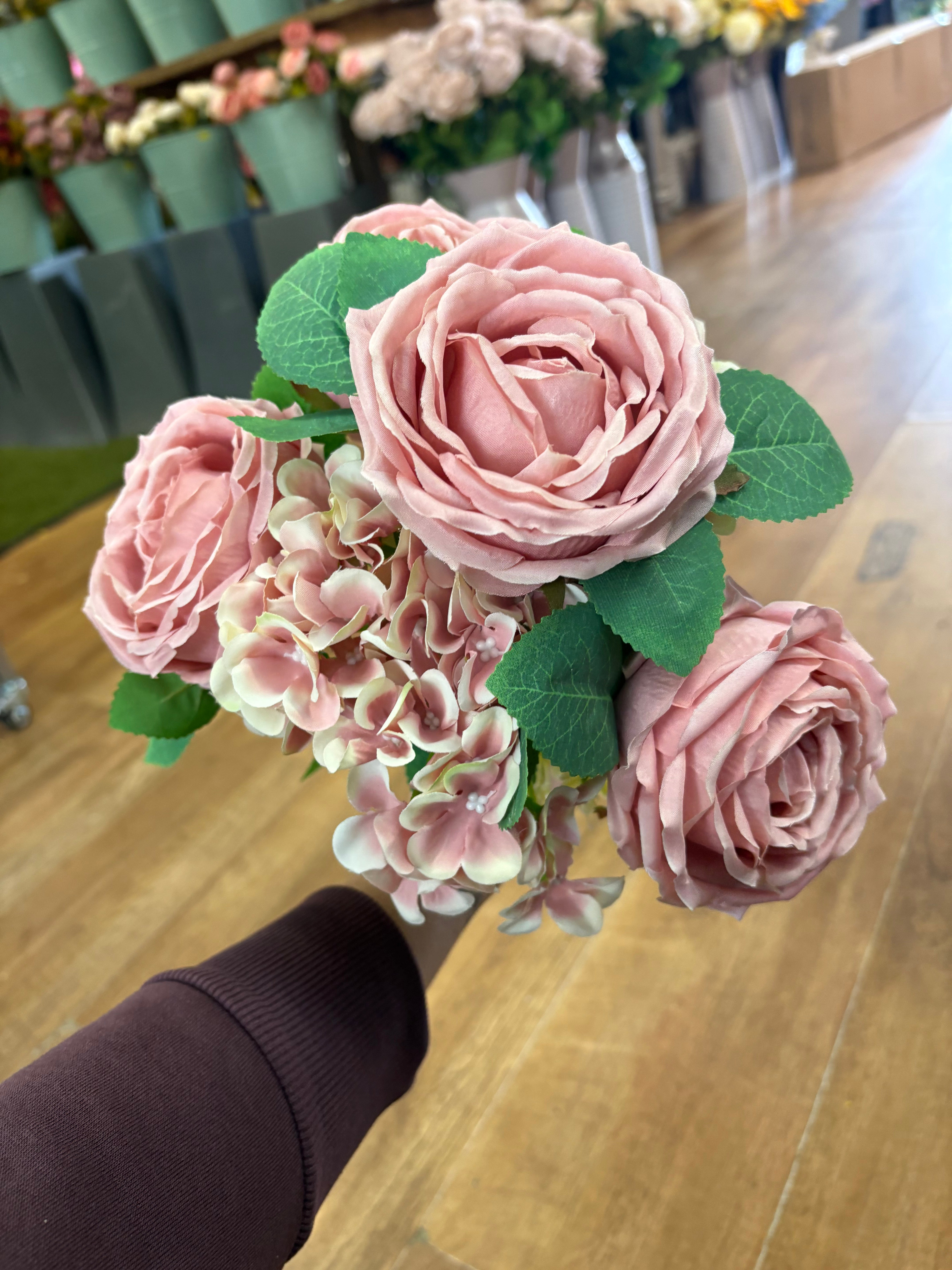 Pink cabbage rose and hydrangea bouquet