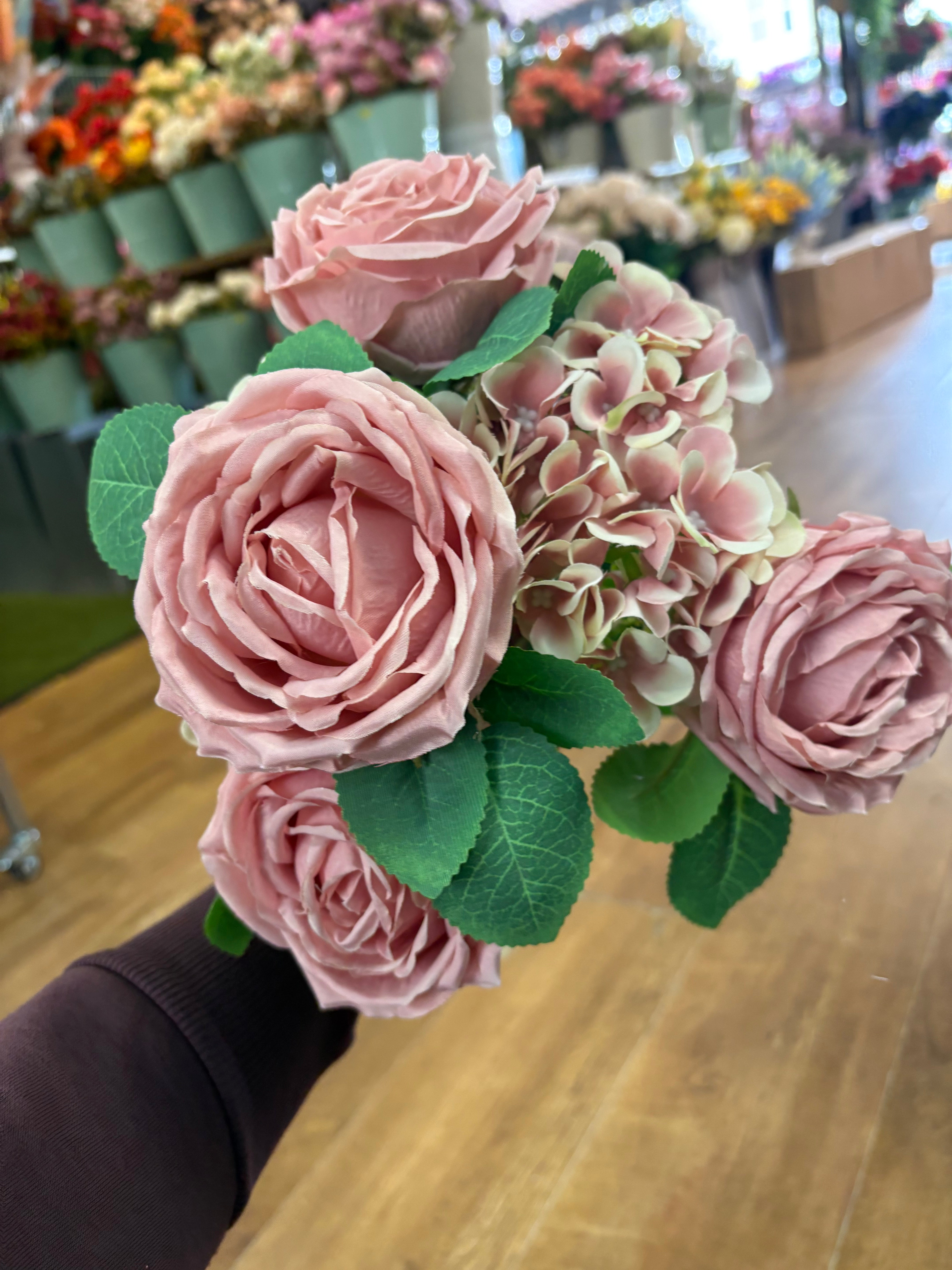 Pink cabbage rose and hydrangea bouquet