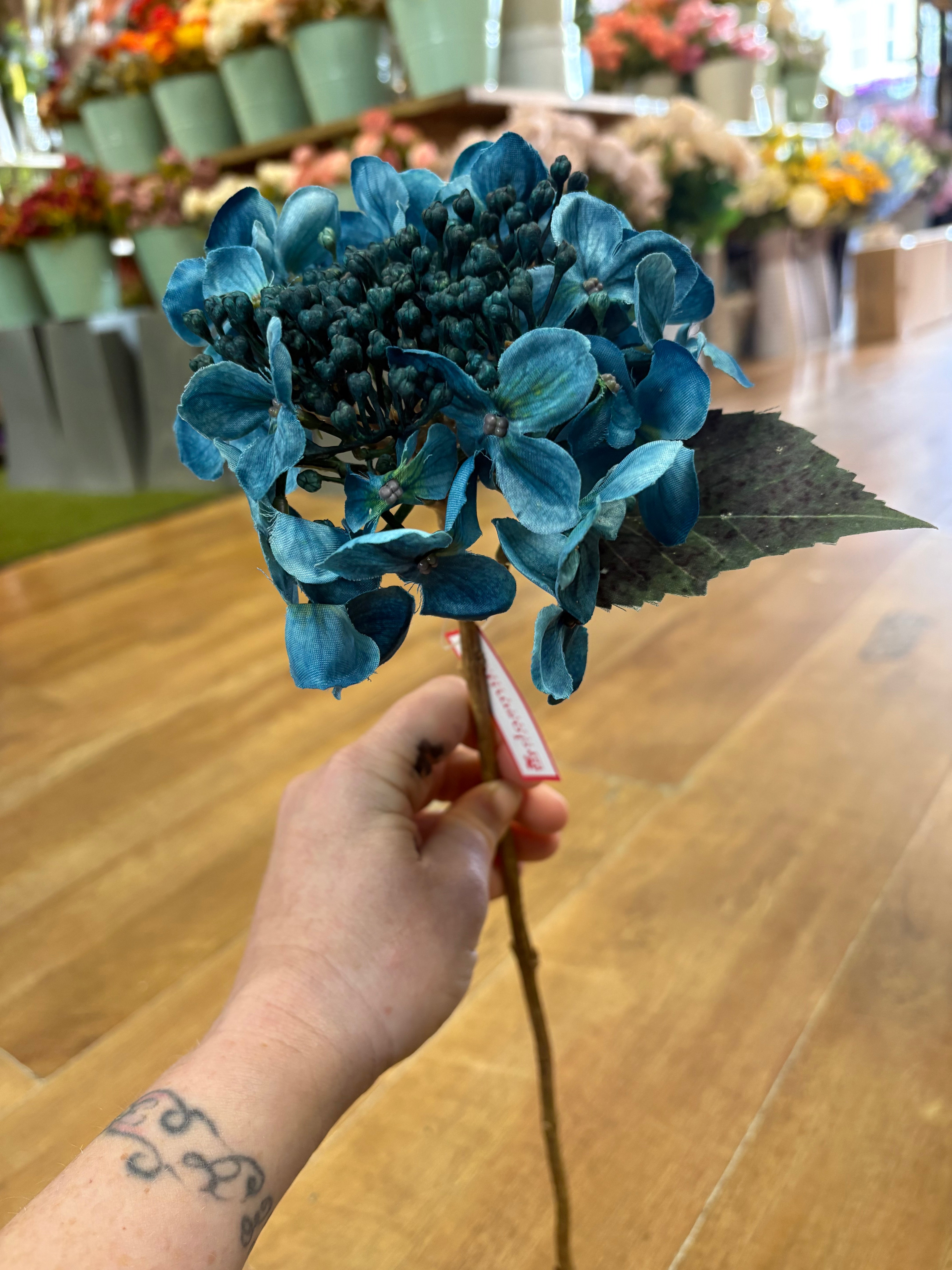 Medium length Teal budding hydrangea stem